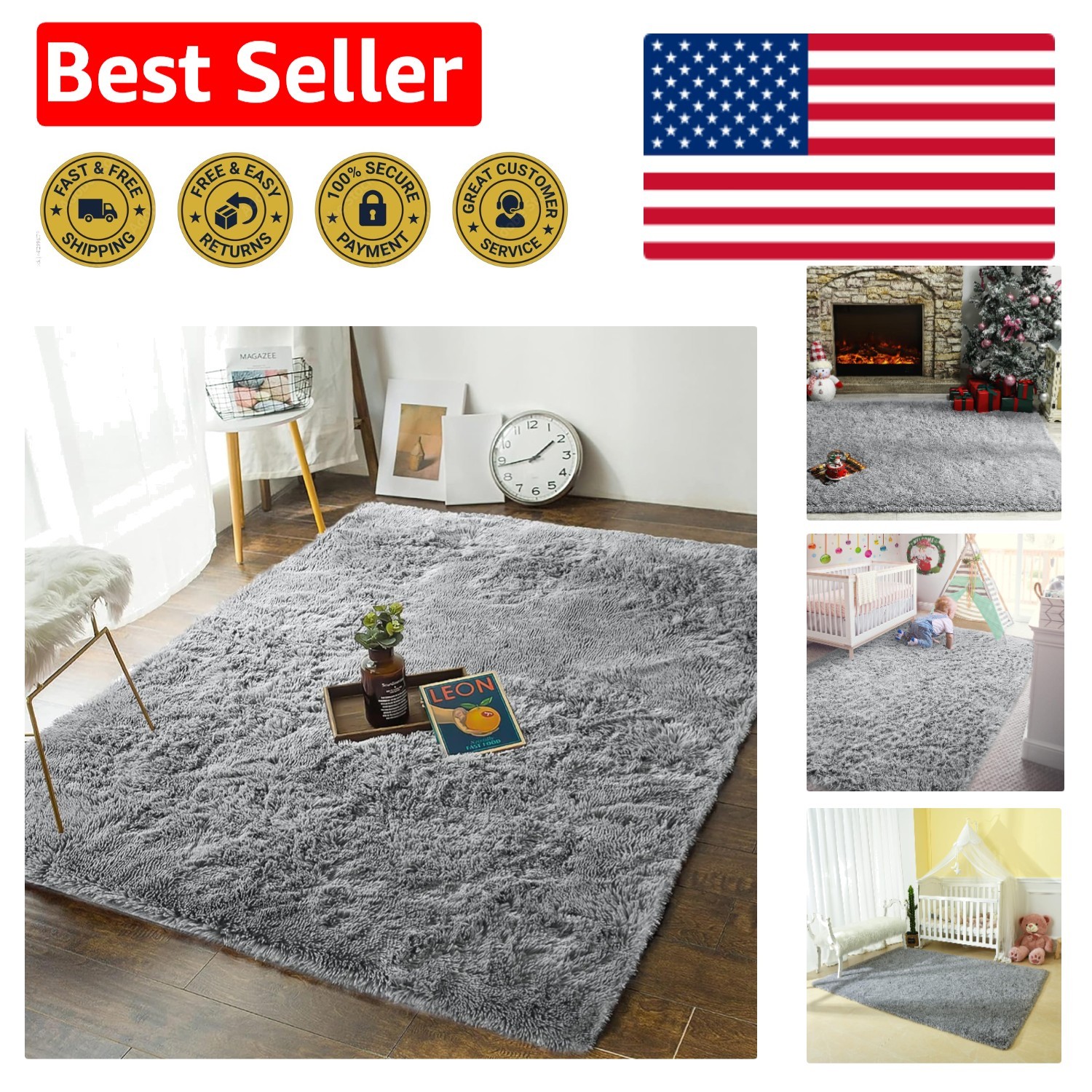 Luxurious Grey Plush Rug 4’x6′ – Perfect Indoor Decor for Kids & Living Spaces