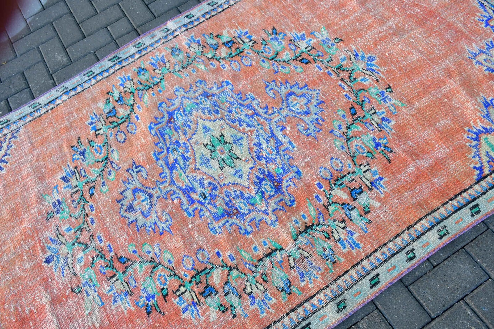 Vintage Rug, 4,4×8 ft Area Rug, Red Bordered Wool Turkish Rug