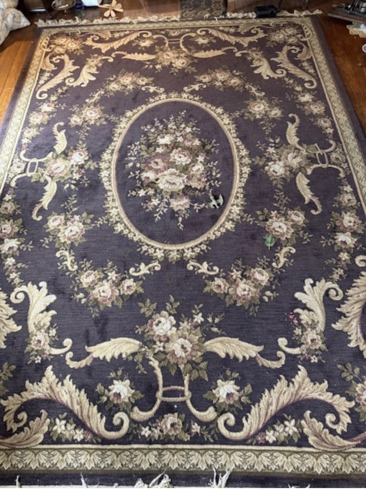 Aubusson Vintage French Empire Style Rug 8 x 11 ft Chocolate Brown & Cream