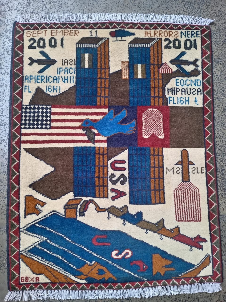 hand made afghan war rugs, drone, twin tower, ak47, 9/11, size 83cmx65cm