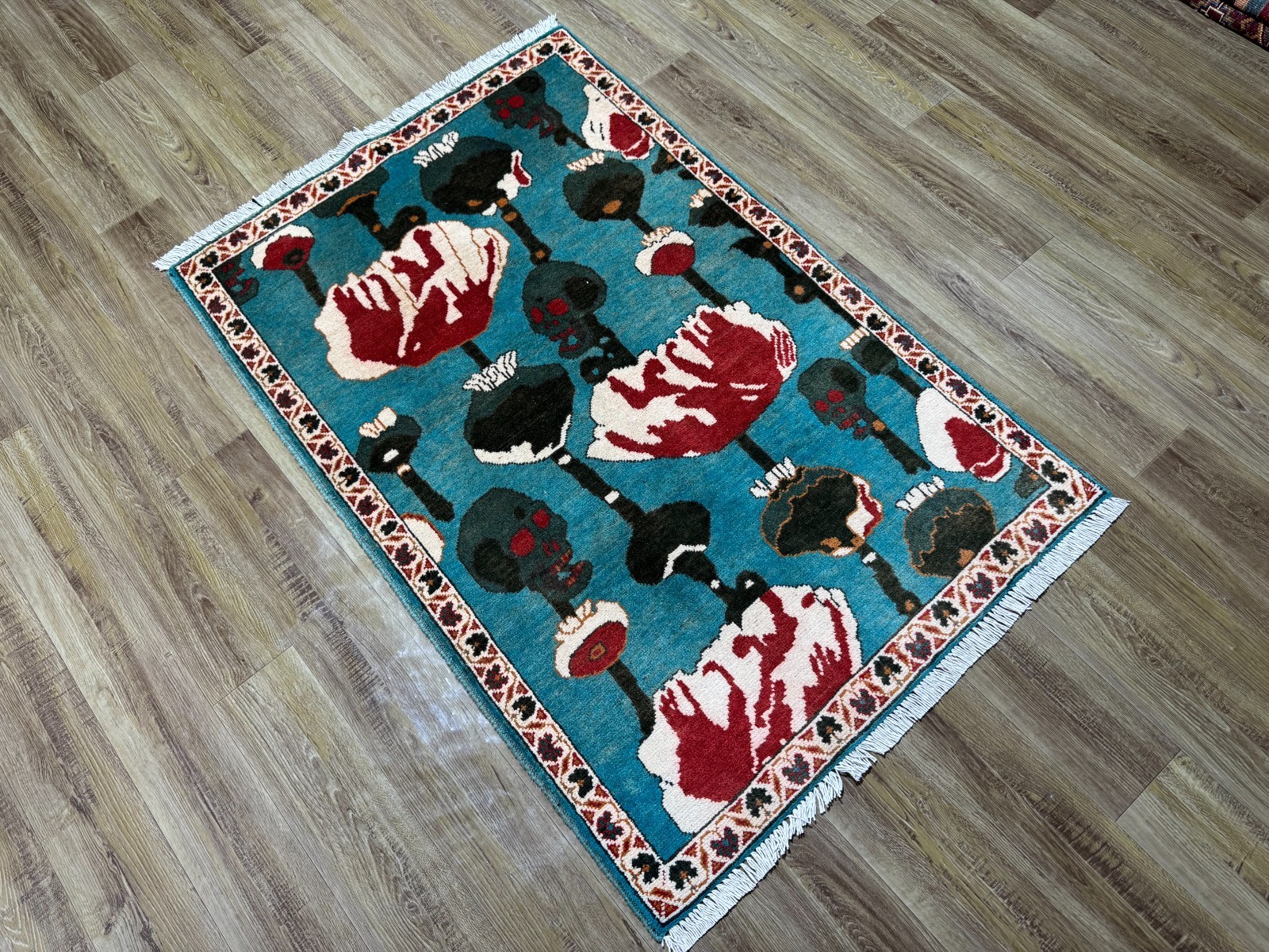 2×4 Afghan Opium Poppy Rug Hand Knotted Blue Pictorial Tribal Wool Carpet