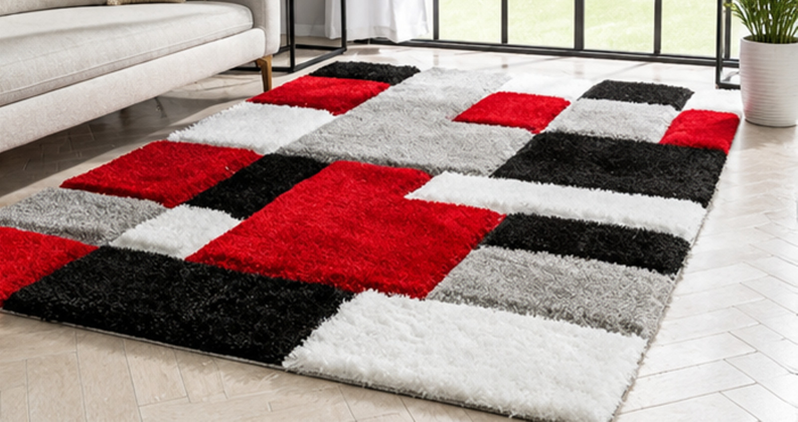 Handmade Red Black White Gray Carpet, Soft Fluffy Living Room Rug, Bedroom Floor