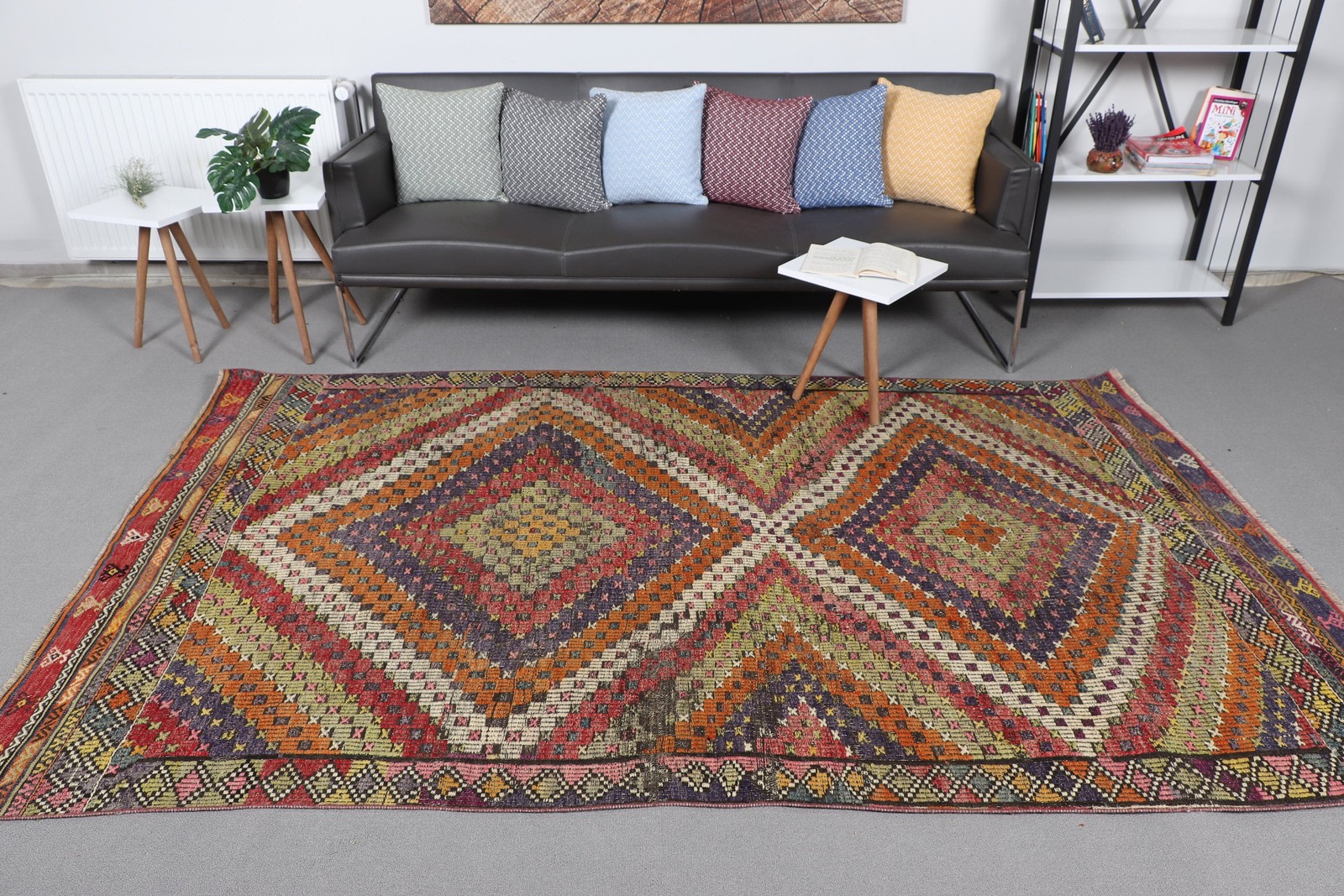 Turkish 5,4×8,6 ft Large Rug, Vintage Rug, Kilim Red Check Rug