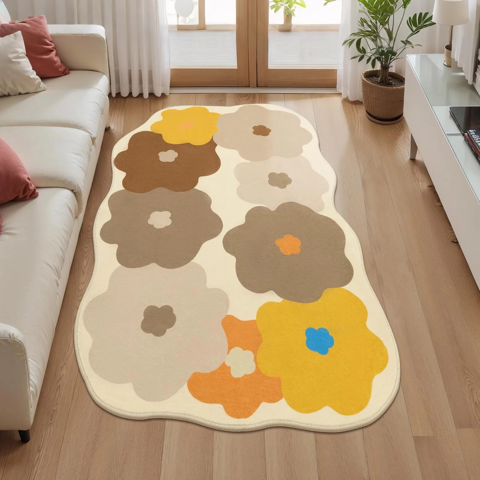 Floral Cute Rug 3×5 Irregular Scalloped Rug Beige Flower Shaped Indoor Mat Be…