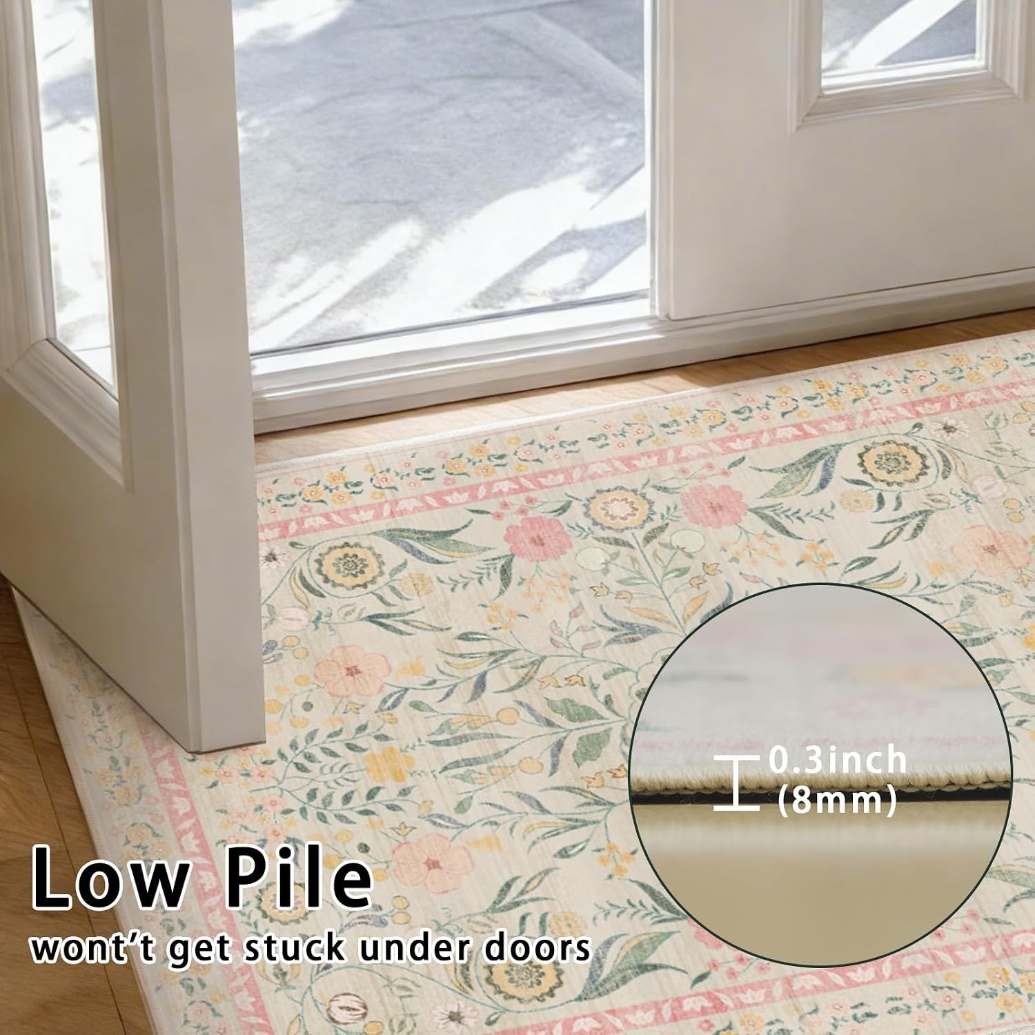 Pale Pink Rug for Girls Room, 5×7 Floral Washable Area Rug Non Slip, Boho Low…