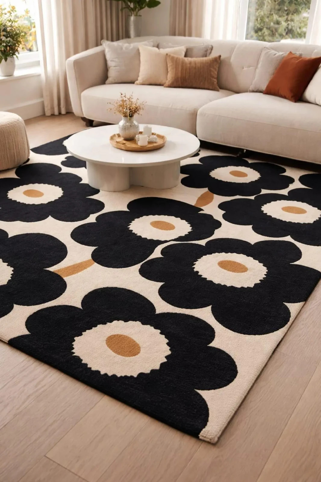 Marimekko Unikko Style Poppy Area Rug Retro Floral Black Cream Beige Carpet 8×10