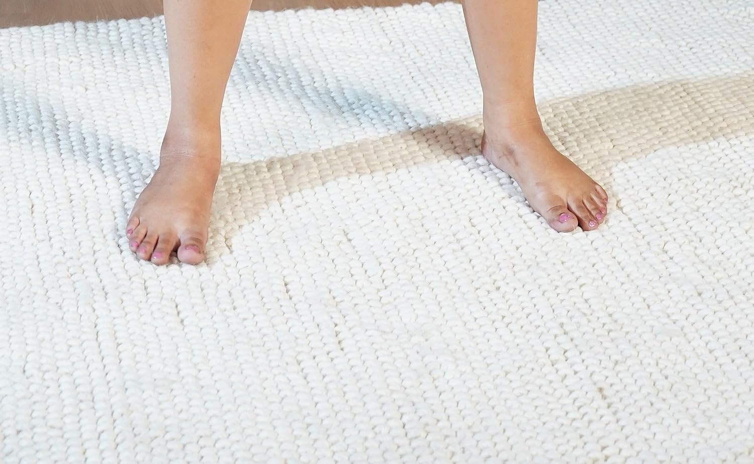 Handwoven Wool Cotton Blend Area Rug 8X10′, Textured Popcorn Braided Ivory Rug,