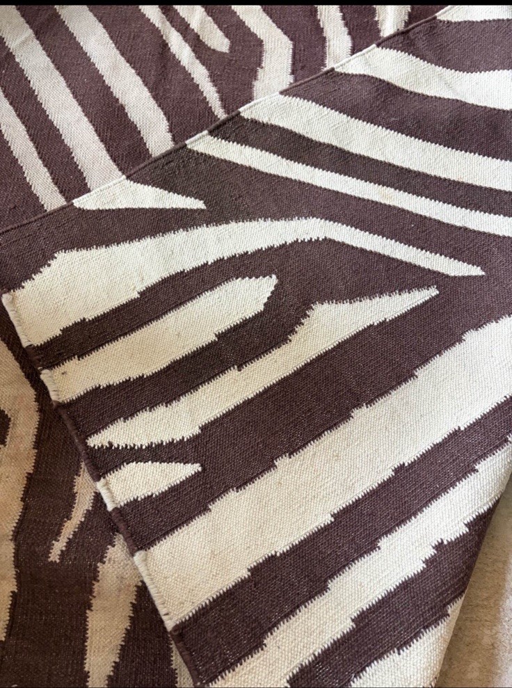 Vintage Kilim Handwoven Wool Zebra Animal Print Flat Weave Area Rug Brown Ivory