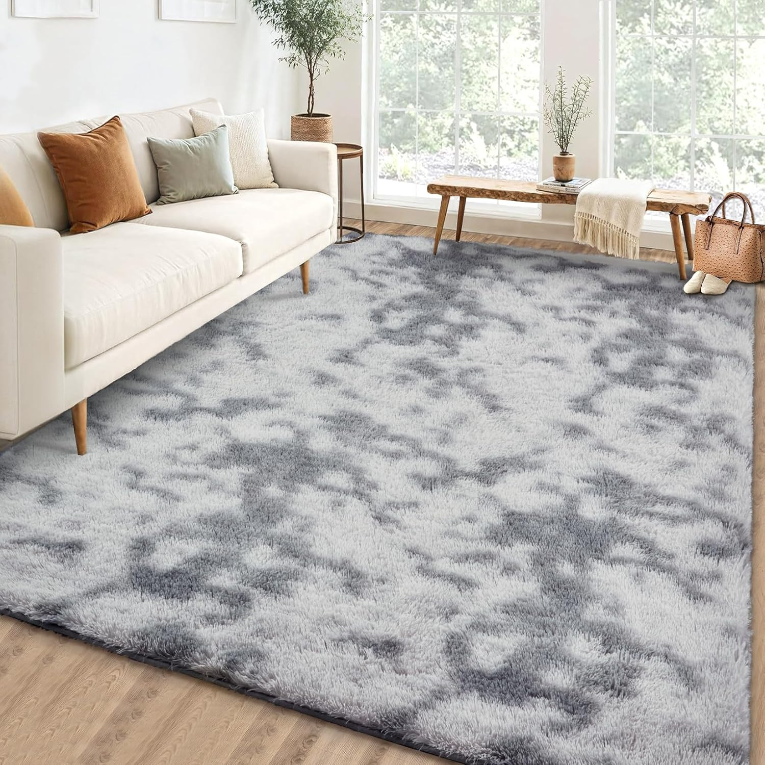 8X10 Fluffy Shag Area Rug – Soft Tie-Dye Light Grey Carpet for Living Room