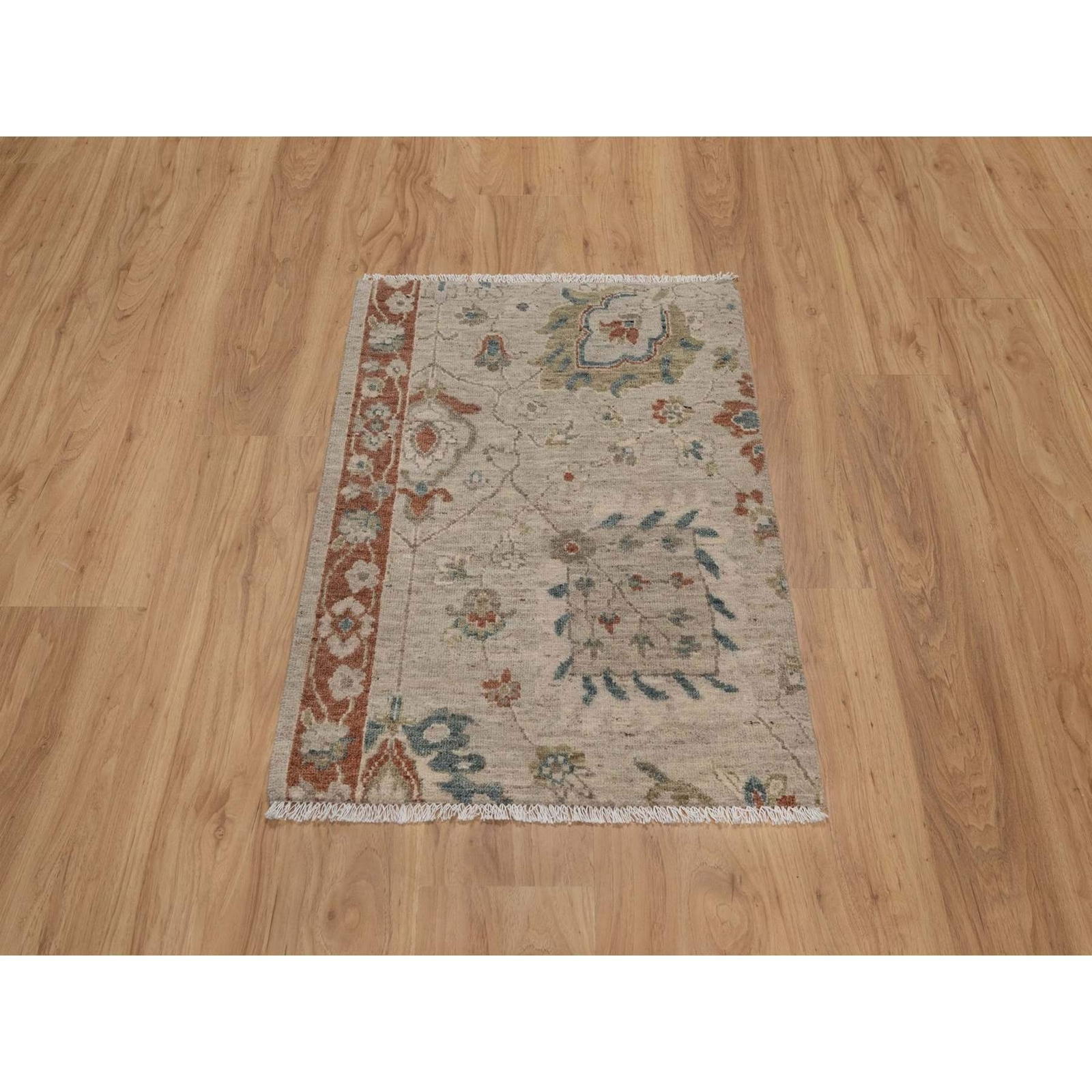2’2″x3’1″ Beige Broken Pattern Oushak Design Hand Knotted Wool Sample Rug R91464