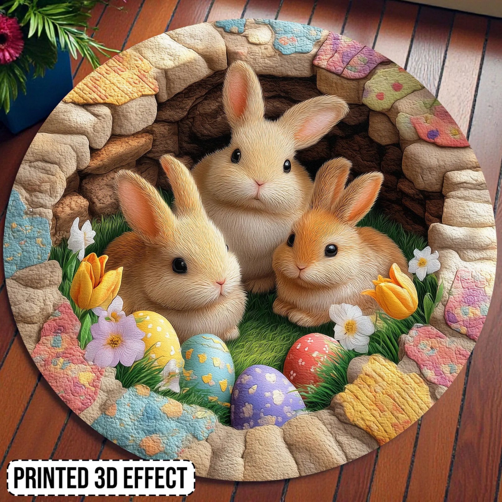 Cute Bunny Round Area Rug Easter Rabbit Carpet Spring Nursery Kids Room Gift