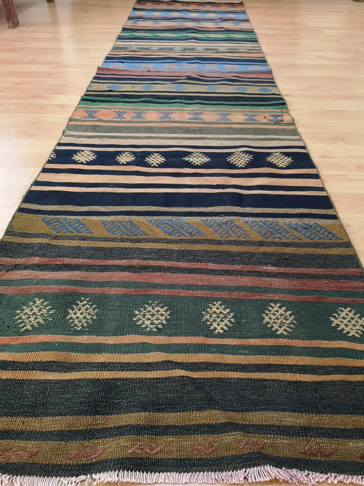Blue Handmade Kilim Runner Rug, Vintage Turkish Ethnic Rug (2.6 x 10.9 ft)