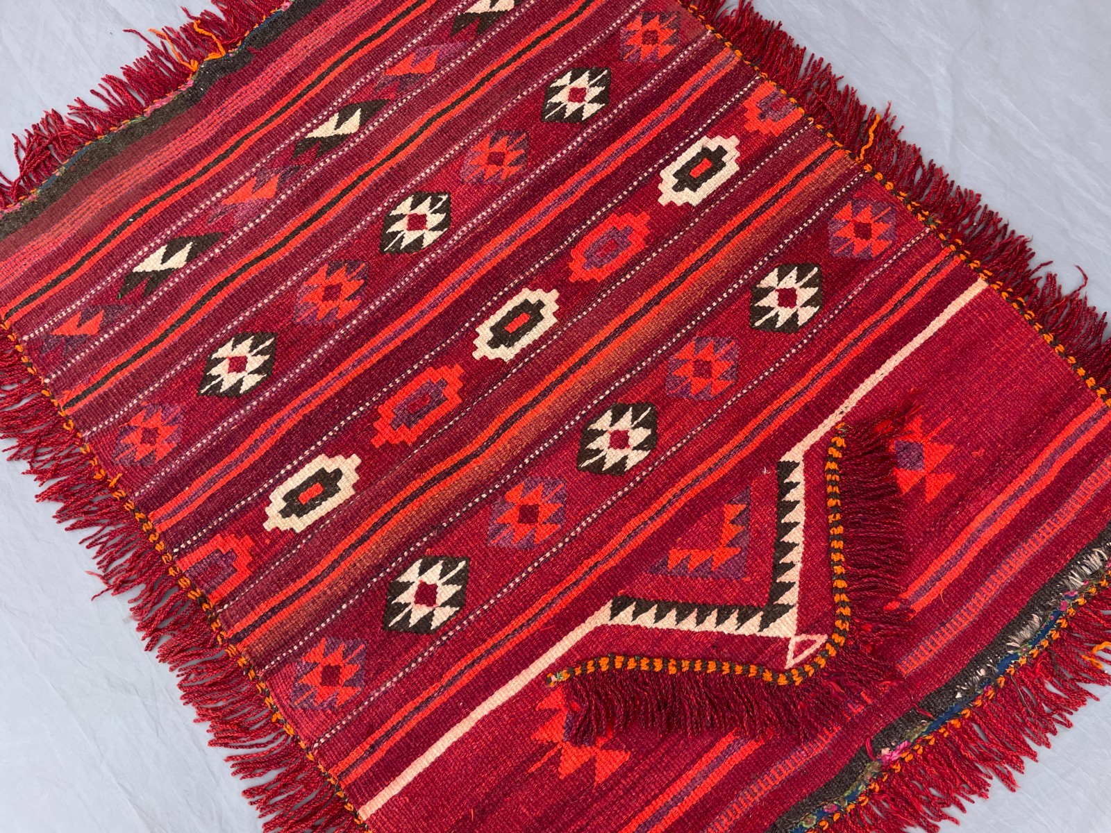 3’2 x 4’2 ft Classic Afghan Kilim – Deep Red Tribal Striped Geometric Flatweave