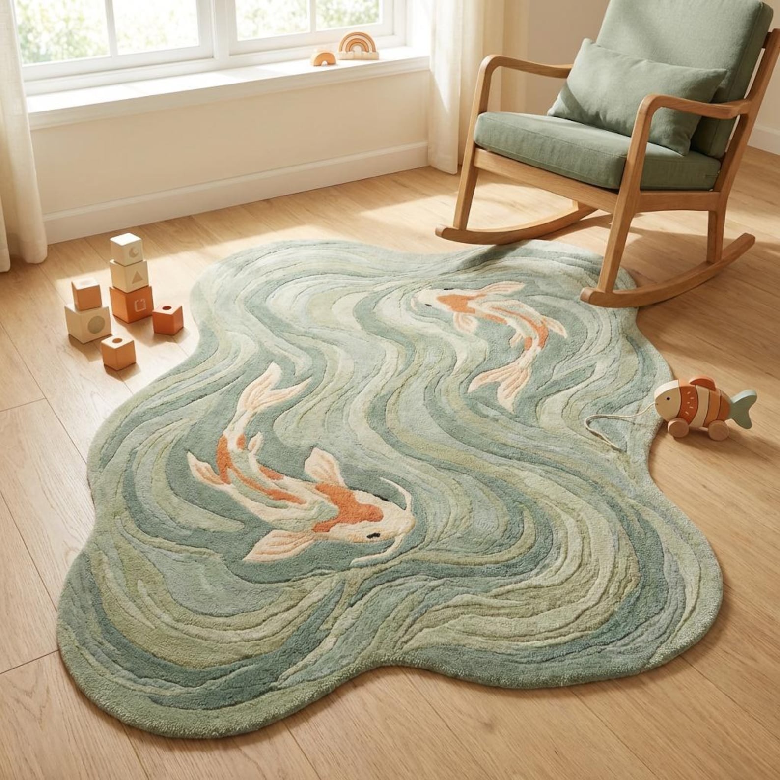 Modern 3D Carved Koi Fish Area Rug Irregular Organic Shape Sage Green Art Rug