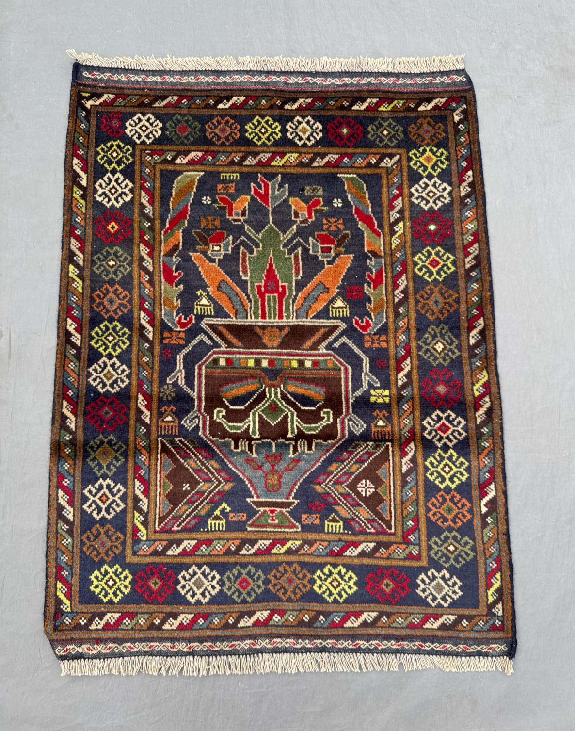 2’5 x 3’4 Ft Rare Afghan Baluchi Pictorial Rug Hand Tribal Vase Animal Design.