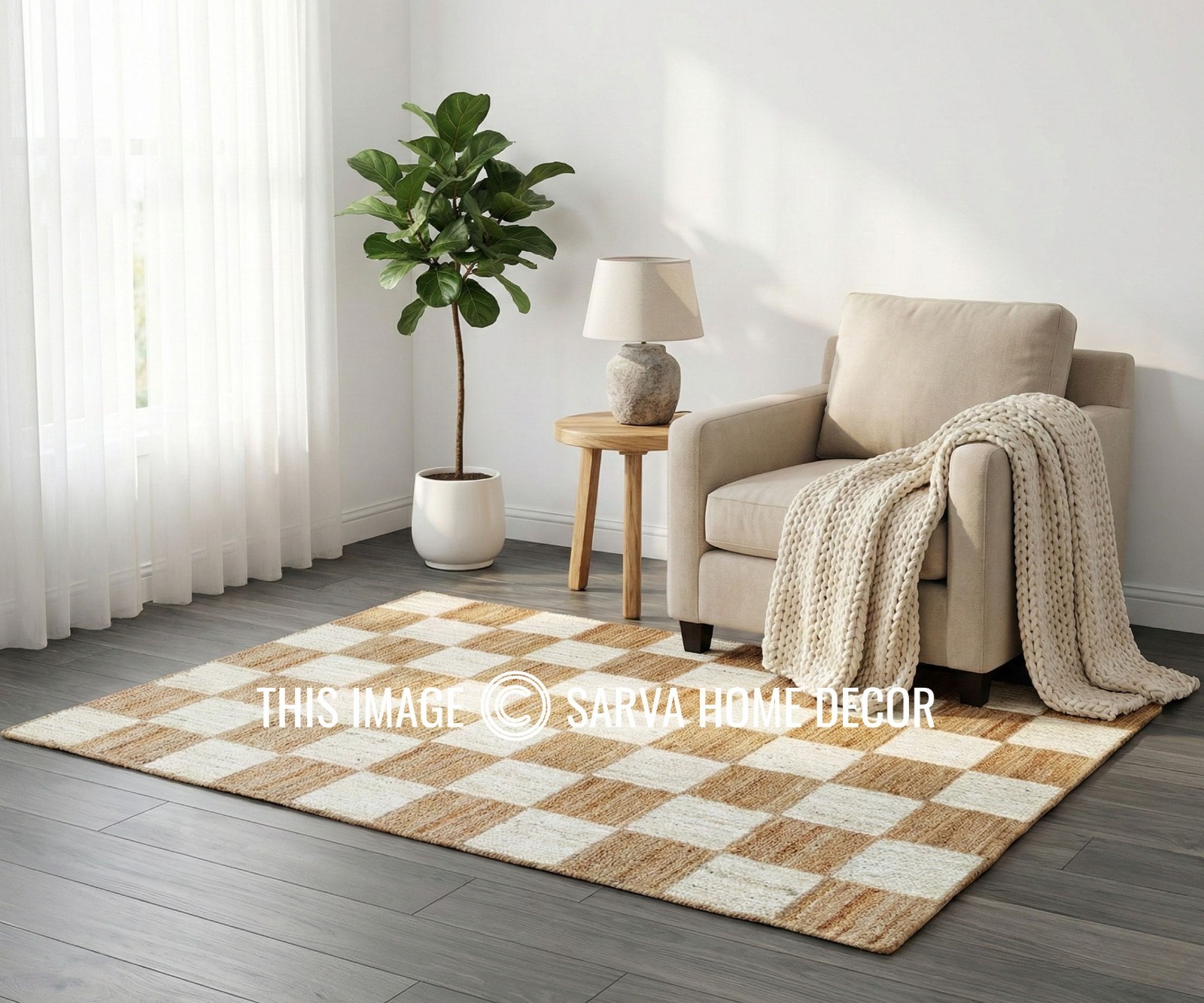 natural braided Jute Checkered Rug, Brown & Beige Checked jute rug-Custom 4x10ft