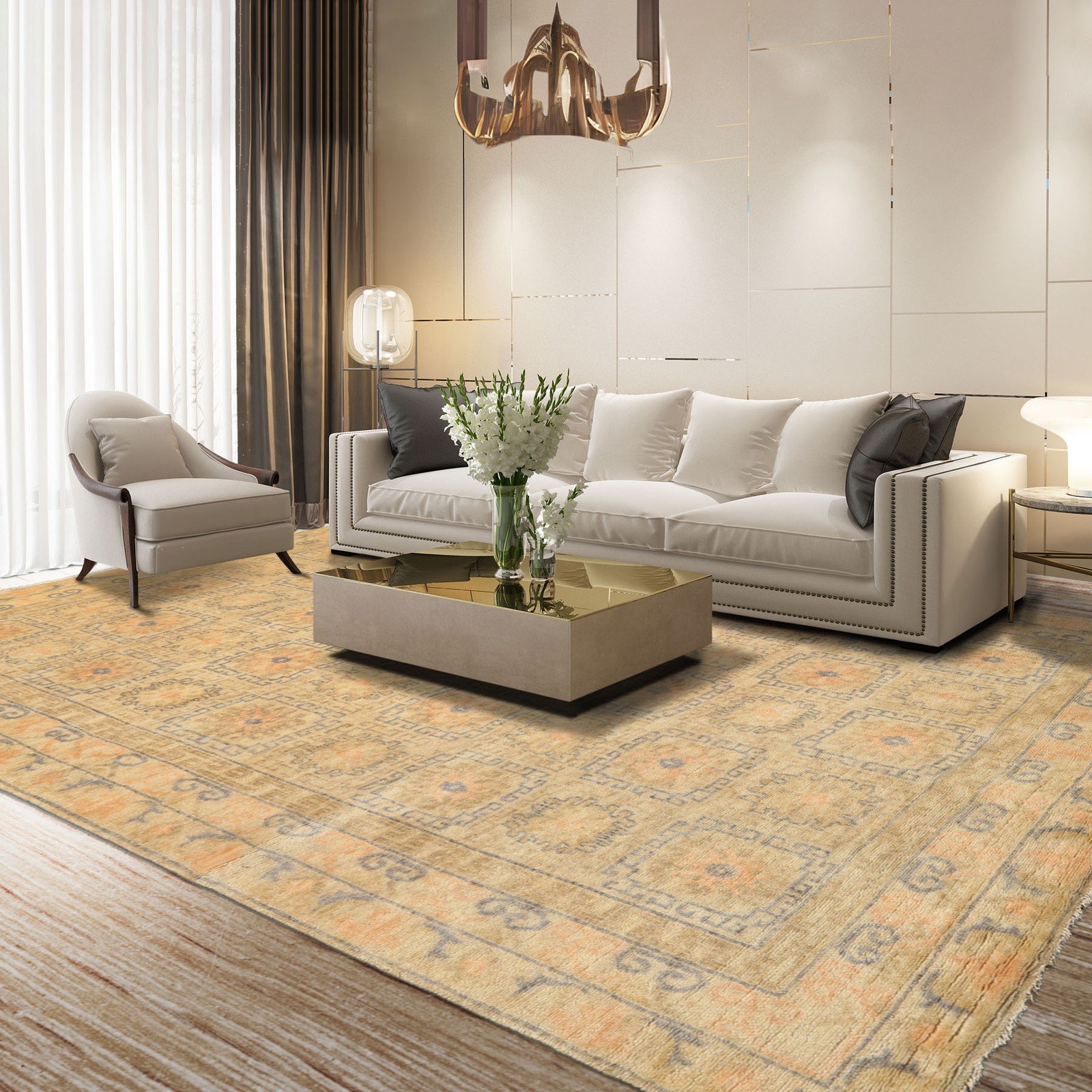 5’9”x8’10” Hand Knotted Wool Beige Oushak Patterned Antique Finish Rug