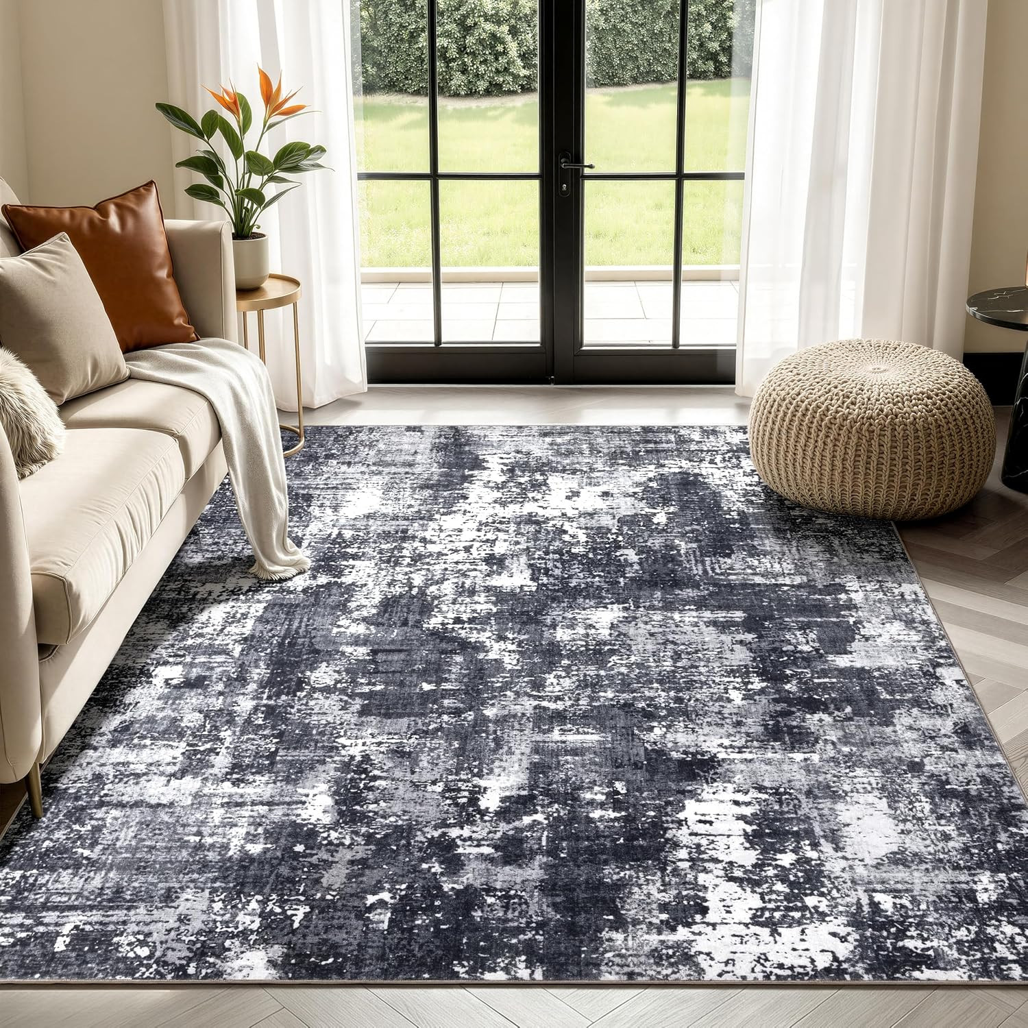 8X10 Washable Area Rug, Modern Abstract Large Rug, Black & White | Ultra-Soft Fa