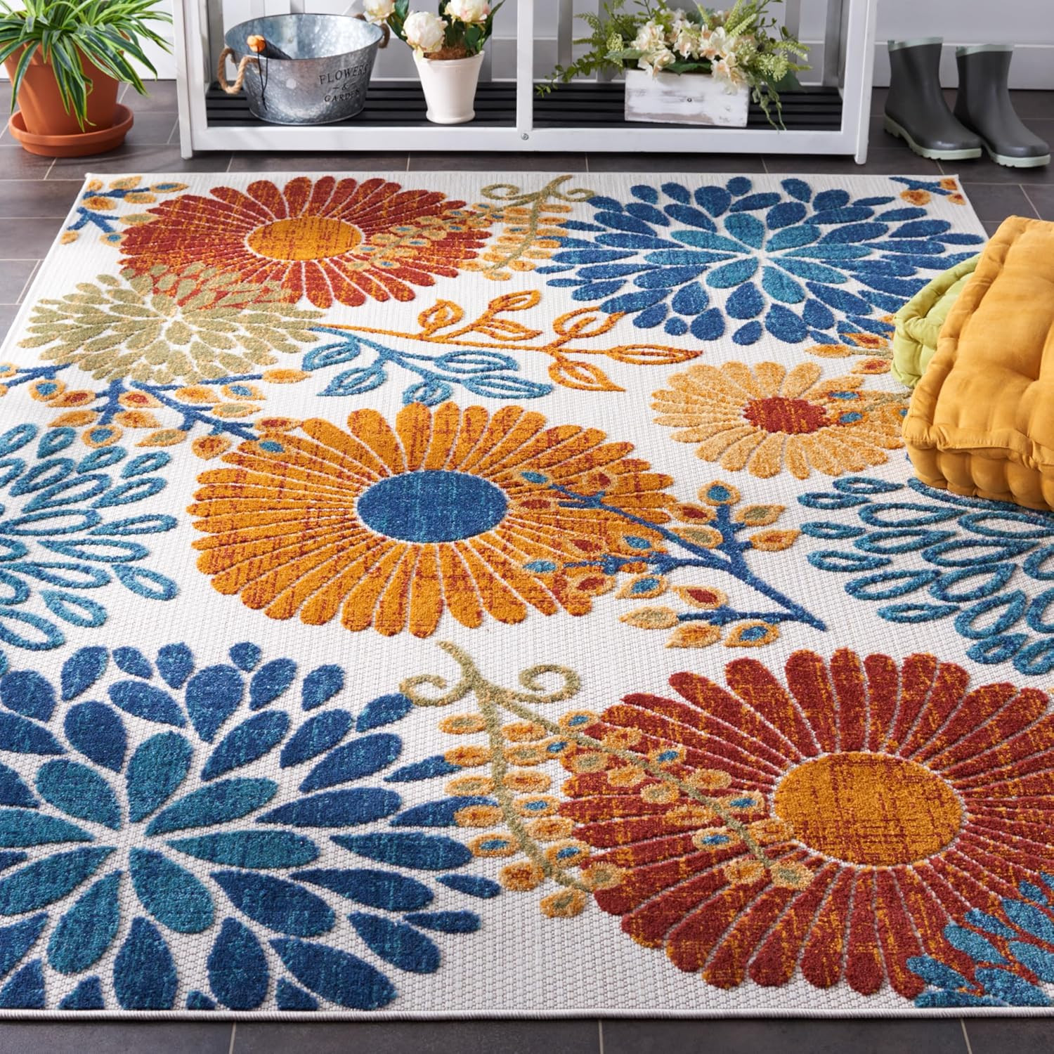 Washable Rug Outdoor Cabana Collection – 4′ X 6′, Cream & Red, Non-Shedding & Ea