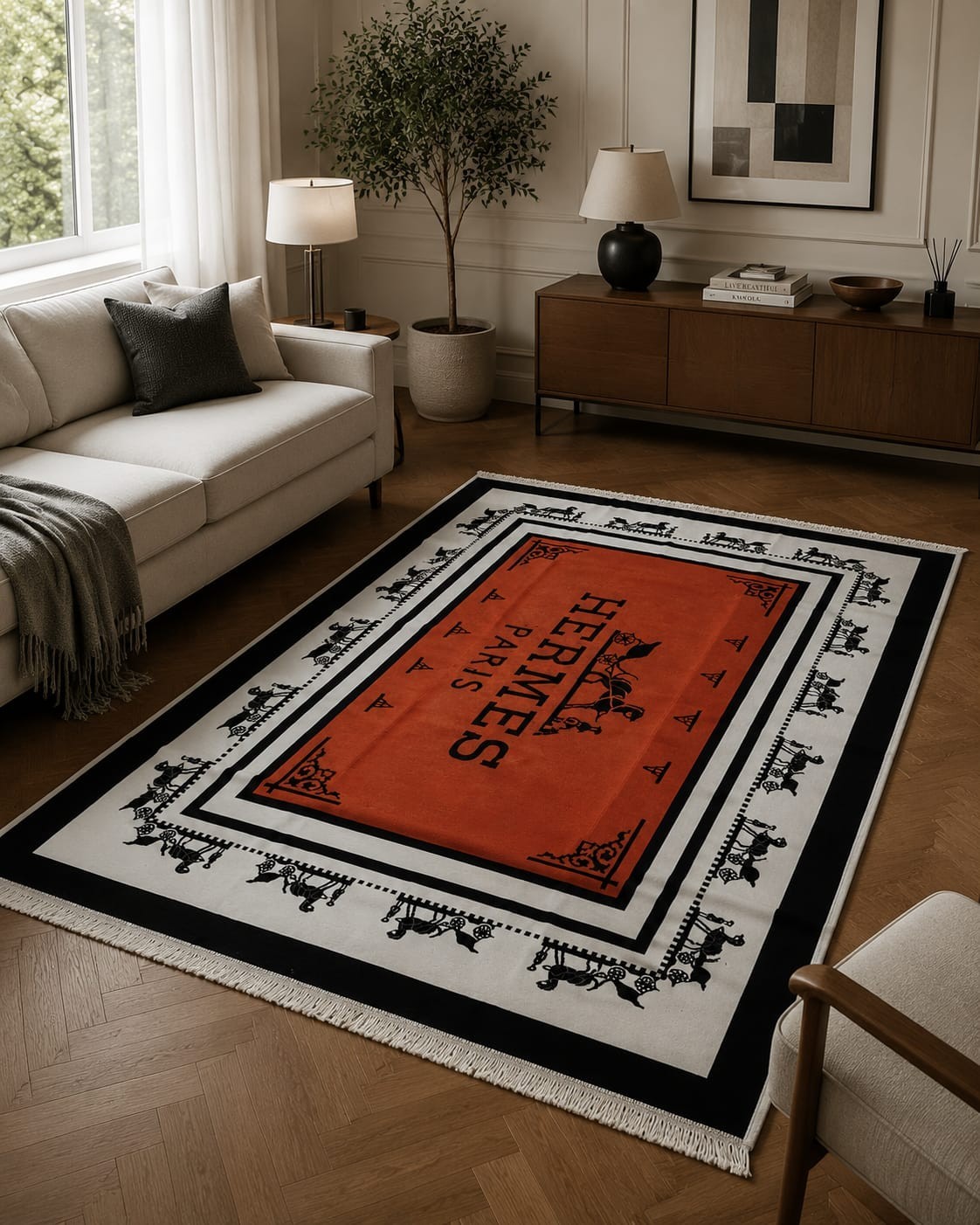 Luxury Hermes Style Orange Black Jacquard Accent Rug 180×125 cm Home Decor