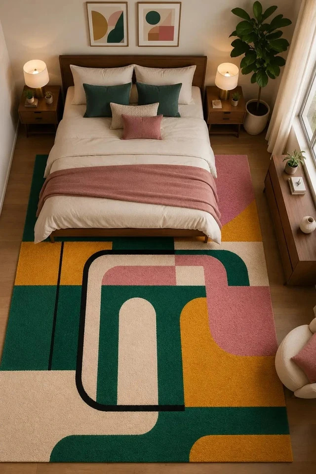 Hand Tufted 100% Wool Geometric Abstract Green Mustard Pink Cream Black Rug etc