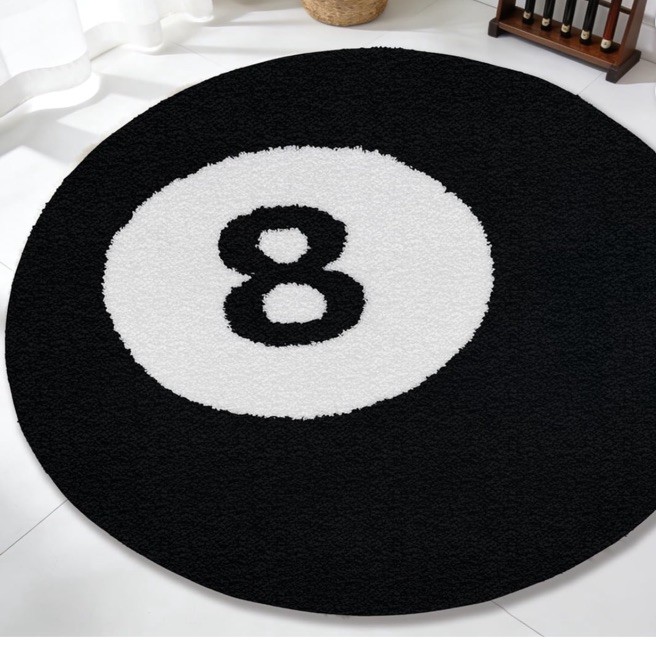 Round Black 8 Ball Billiards 40” Area Rug, Machine Washable, 100% Polyester