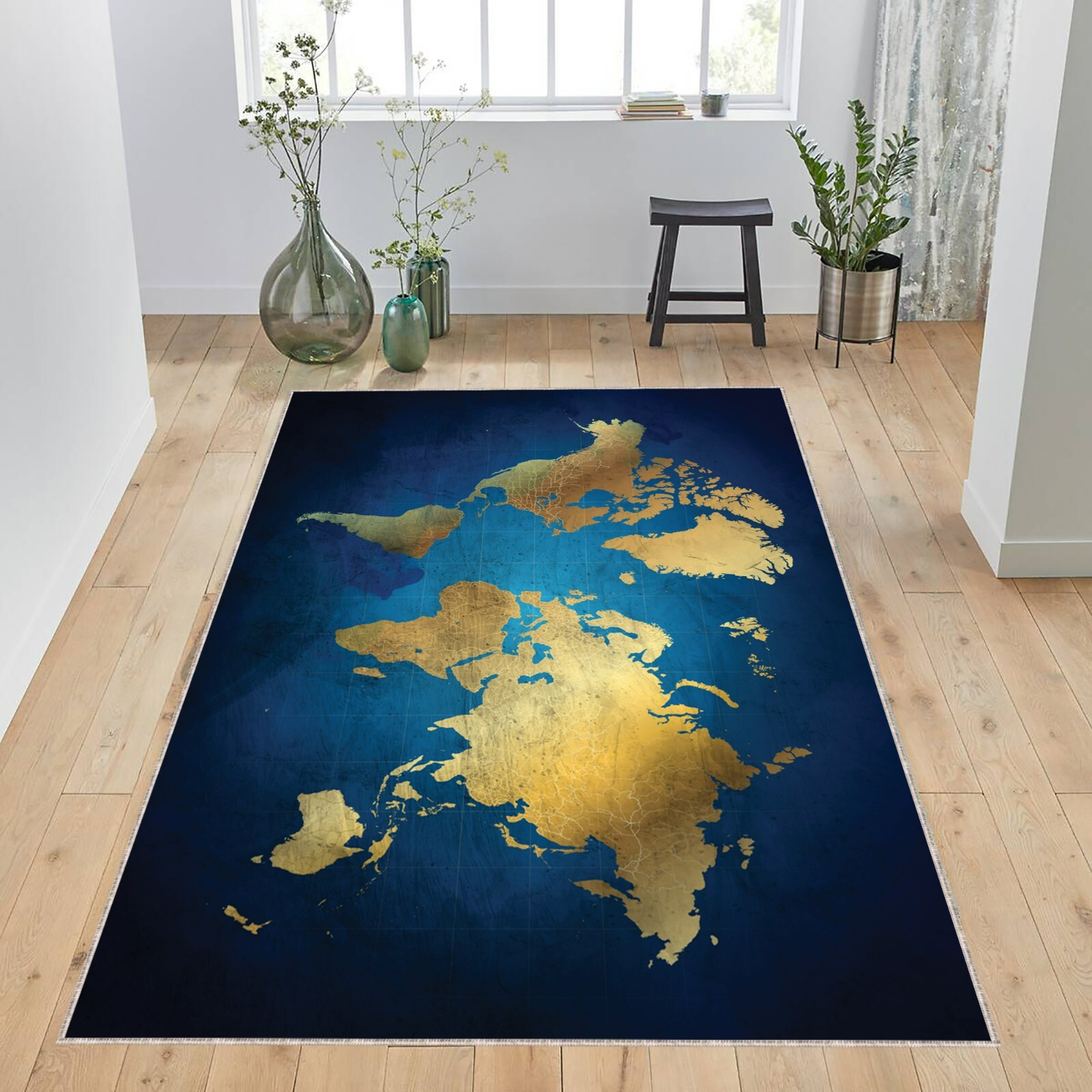 World Map Rug, Gold Blue Carpet, Modern Geography Mat, Luxury Home Decor, Travel
