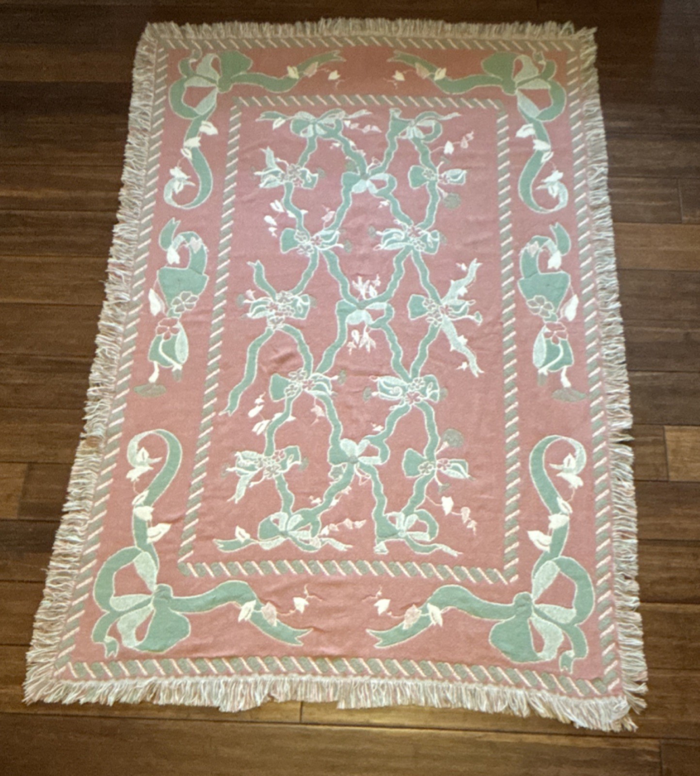 Floral Ribbon Woven Tapestry Blanket Pink White Green Reversible Vintage Cottage