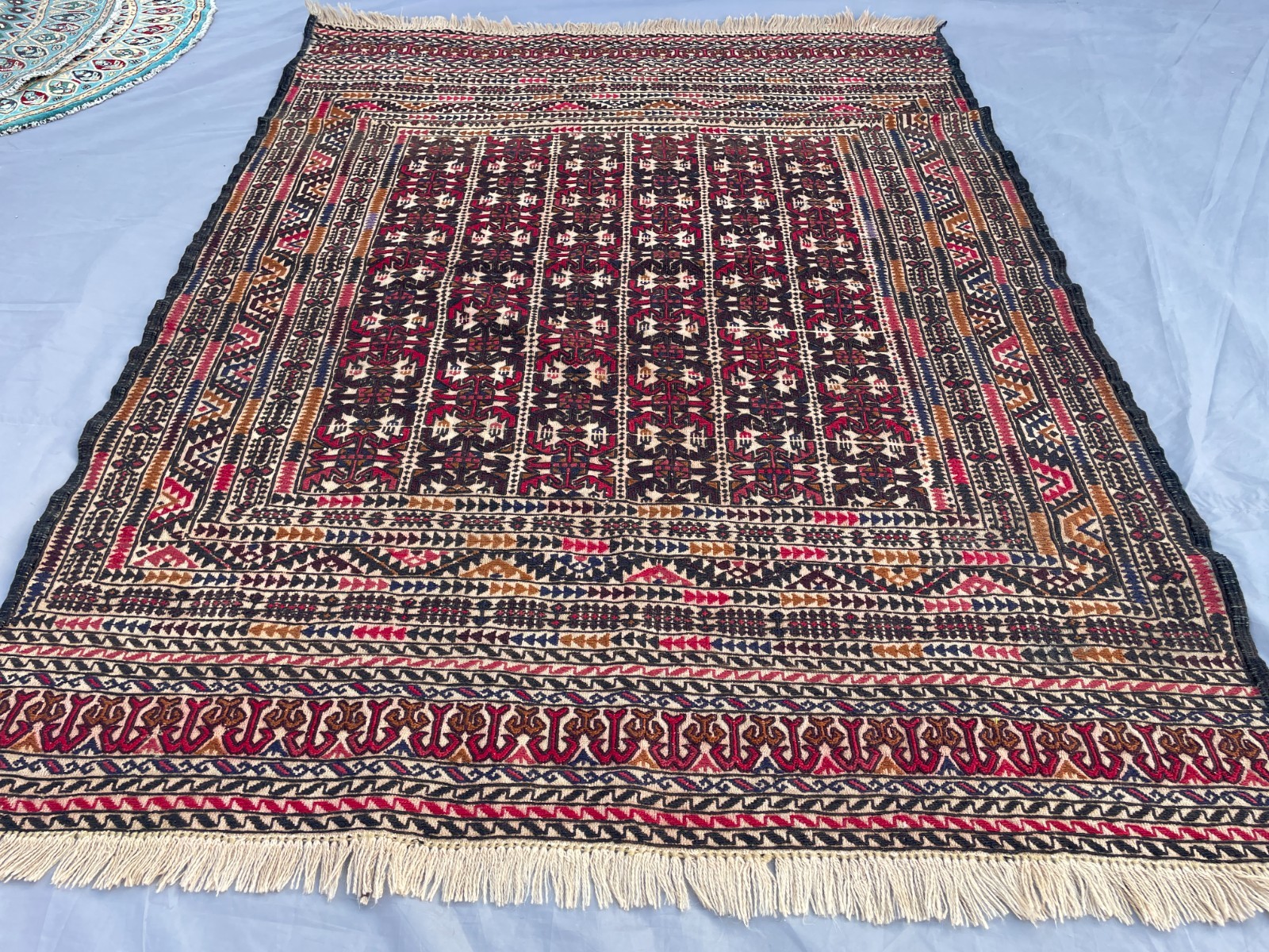 4×5 Decorative Soumak Rug Handwoven Tribal Wool Geometric Flatweave Carpet.
