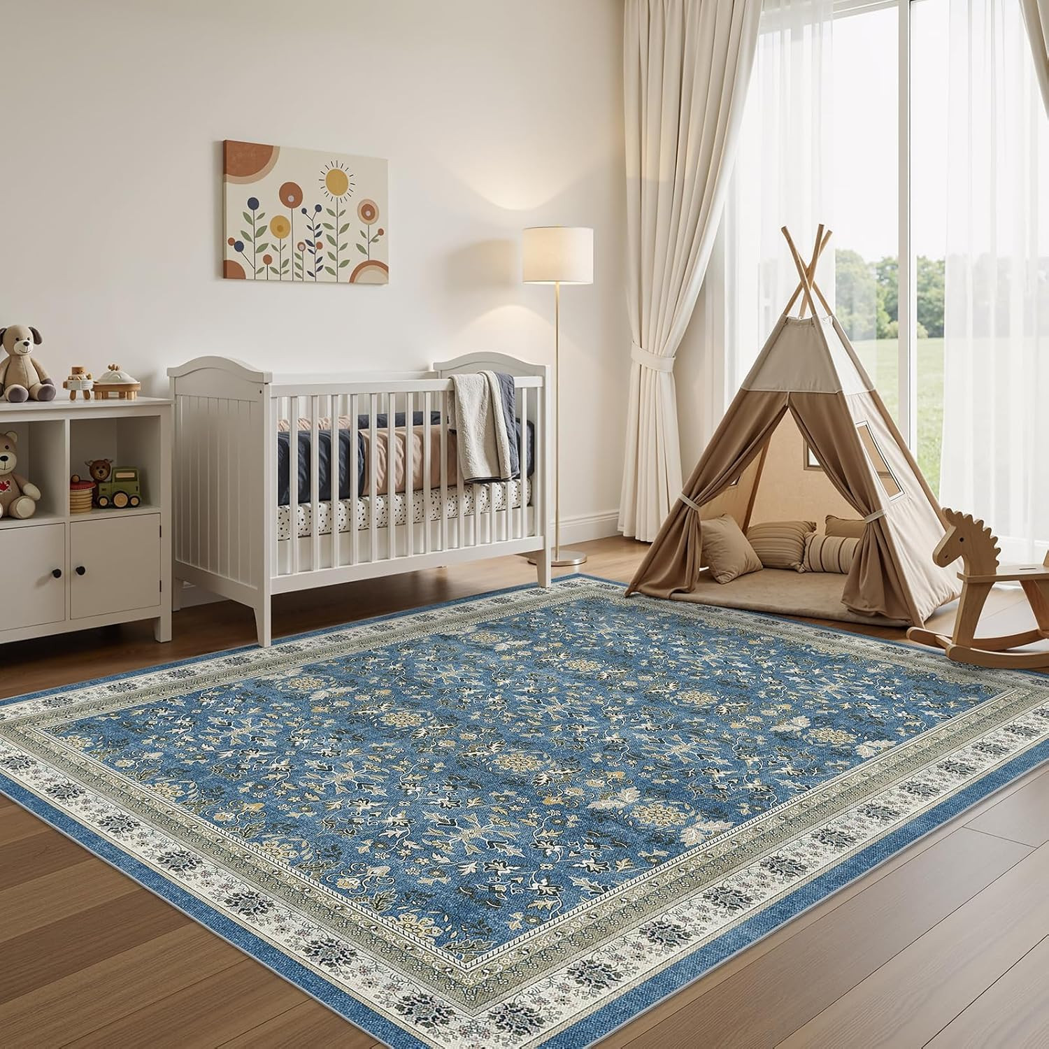 Blue 10×12 Vintage Washable Rug – Soft Boho Distressed for Any Room