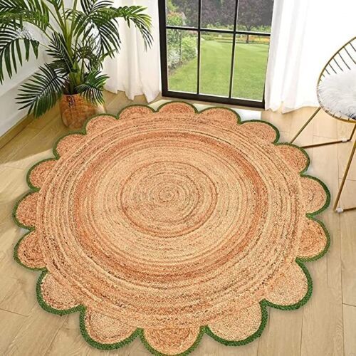 Rug Round Jute Scallop Design Natural Floors Rug Beige With Green Handmade