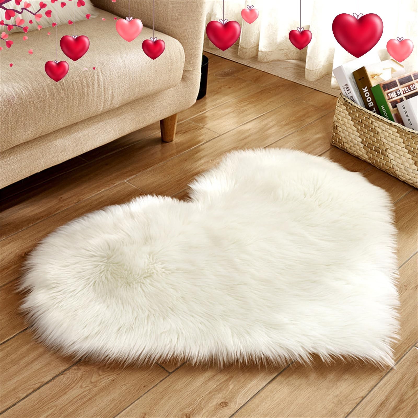 Heart Rug White Heart Shaped Fluffy Faux Fur Shag Mat Coquette Decor 2×3 Ft