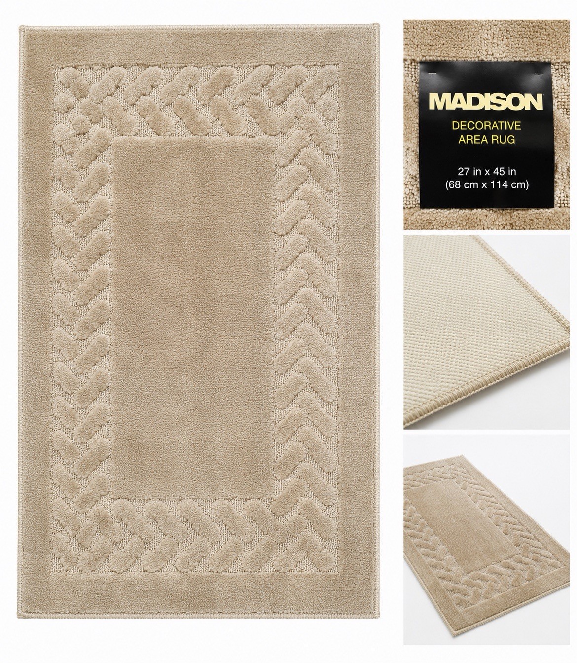 NEW Madison Decorative Area Rug 27” x 45” Beige Accent Rug with Non-Skid Bac