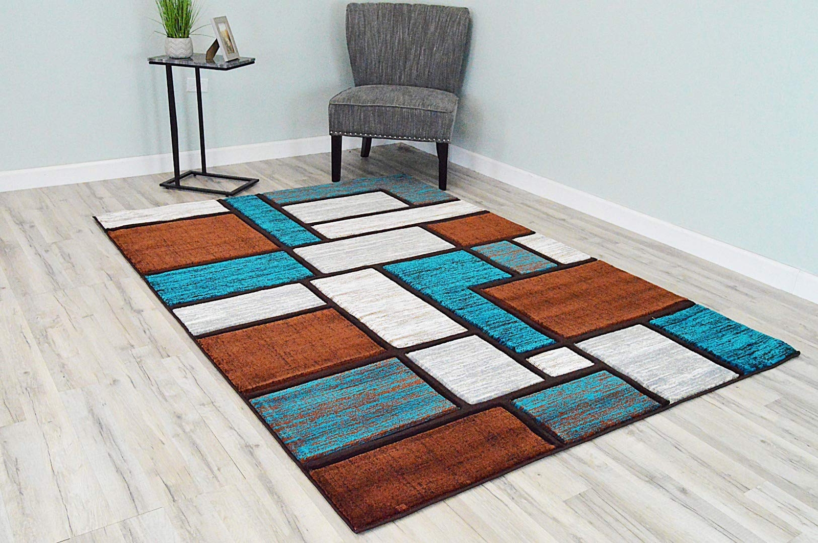 Premium Carved Modern Contemporary Abstract Rug 3995 Turquoise Brown 5’3”x7’6