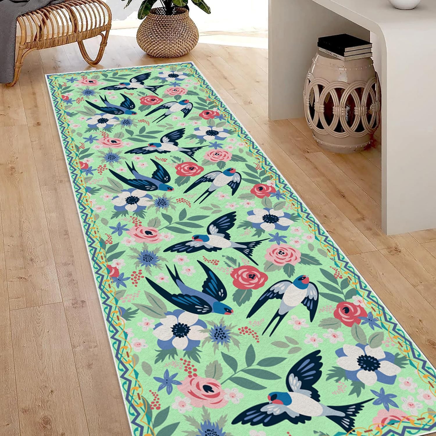 Botanical Floral Runner Rug 2x3ft,Peony Birds Green Carpet for Hallways Non S…