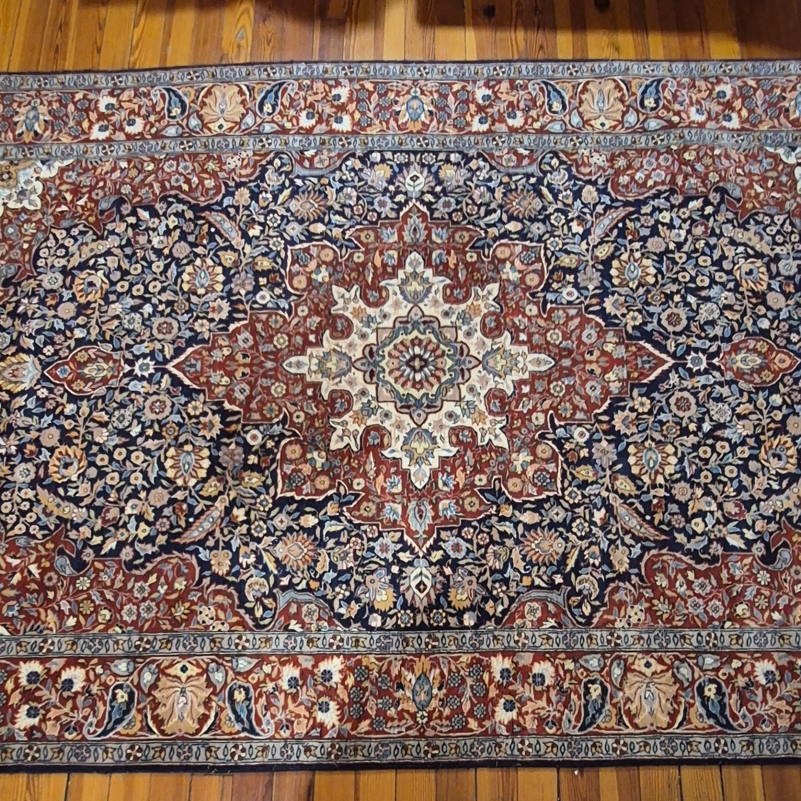 Hand-Knotted Medallion Rectangle Area Rug 100% Wool 7’1″×4’7″ Navy Red Beige
