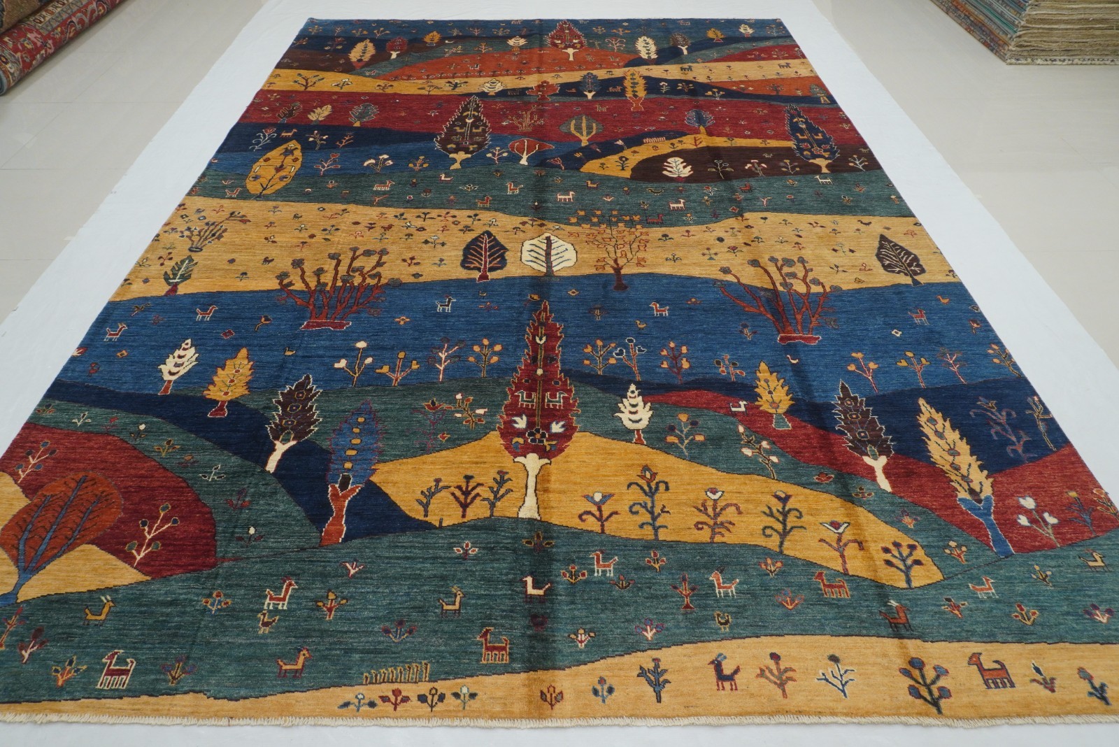 9×12 ft Blue Landscape Gabbeh Afghan Hand Knotted Wool Area Rug (8’6″X12’2″)