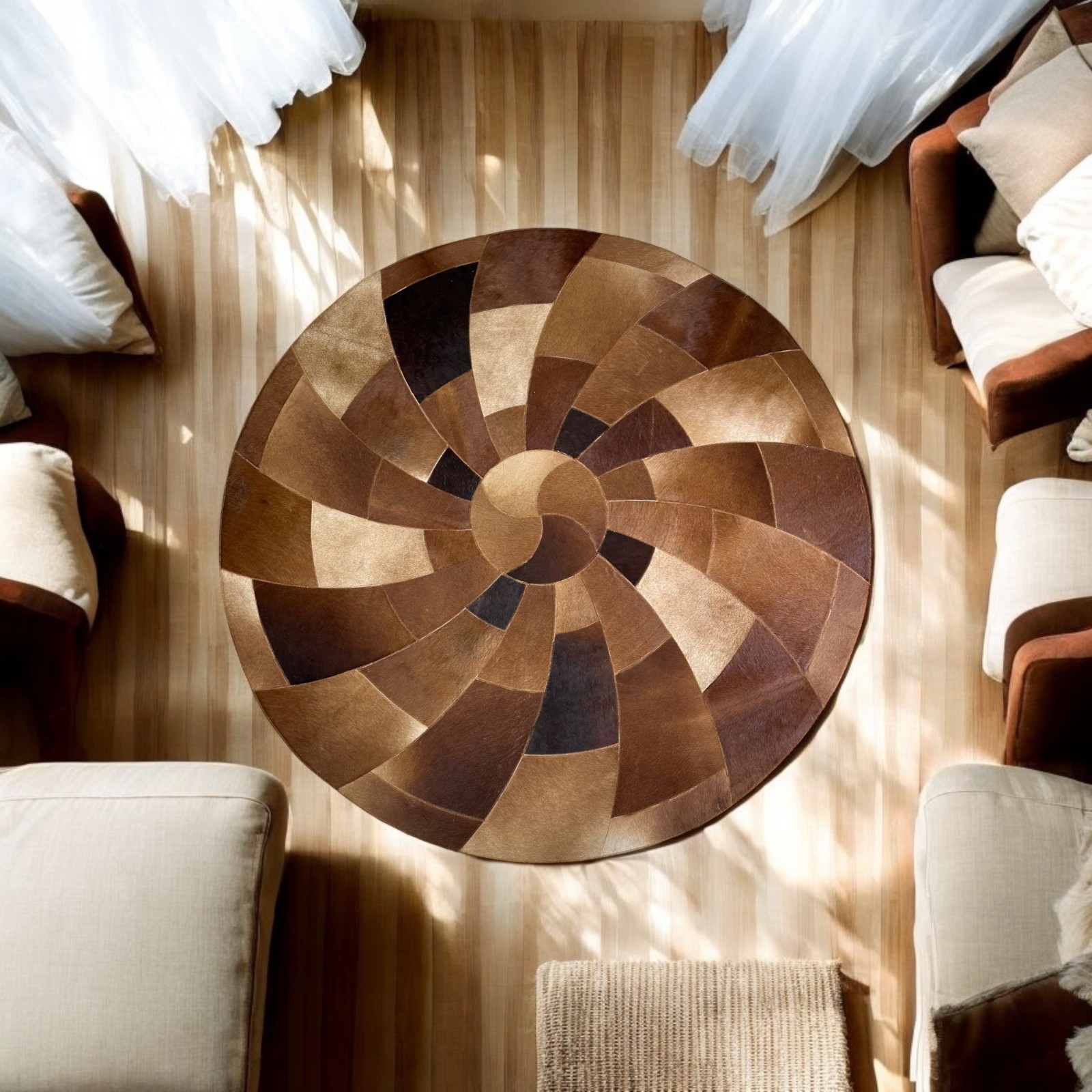 Round Cowhide Rug – Patchwork Leather Accent Rug 39×39 inches
