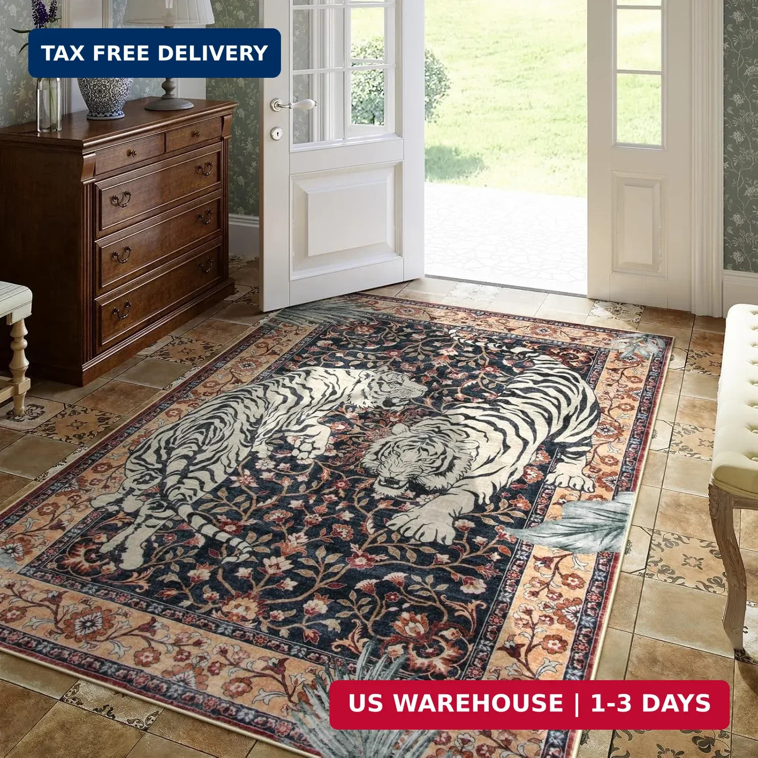 Moynesa Tiger Washable Area Rugs for Living Room, 5×7 Vintage Soft Rug for Bedro