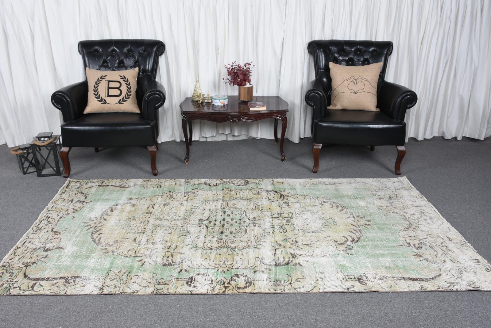 4,4×8,6 ft Turkish Vintage Rug, Area Rug, Green Wool Rug