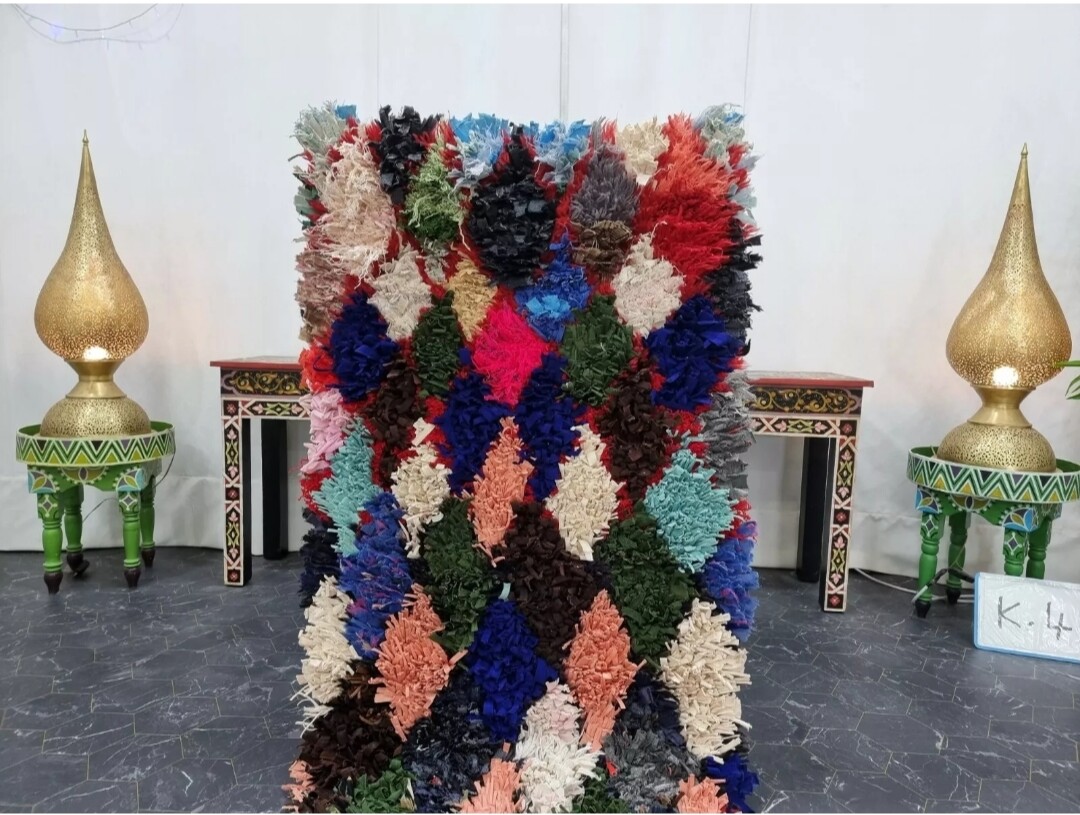 Moroccan Handmade Vintage Boucherouite Rugs Geometric Multicolor Carpet Size
