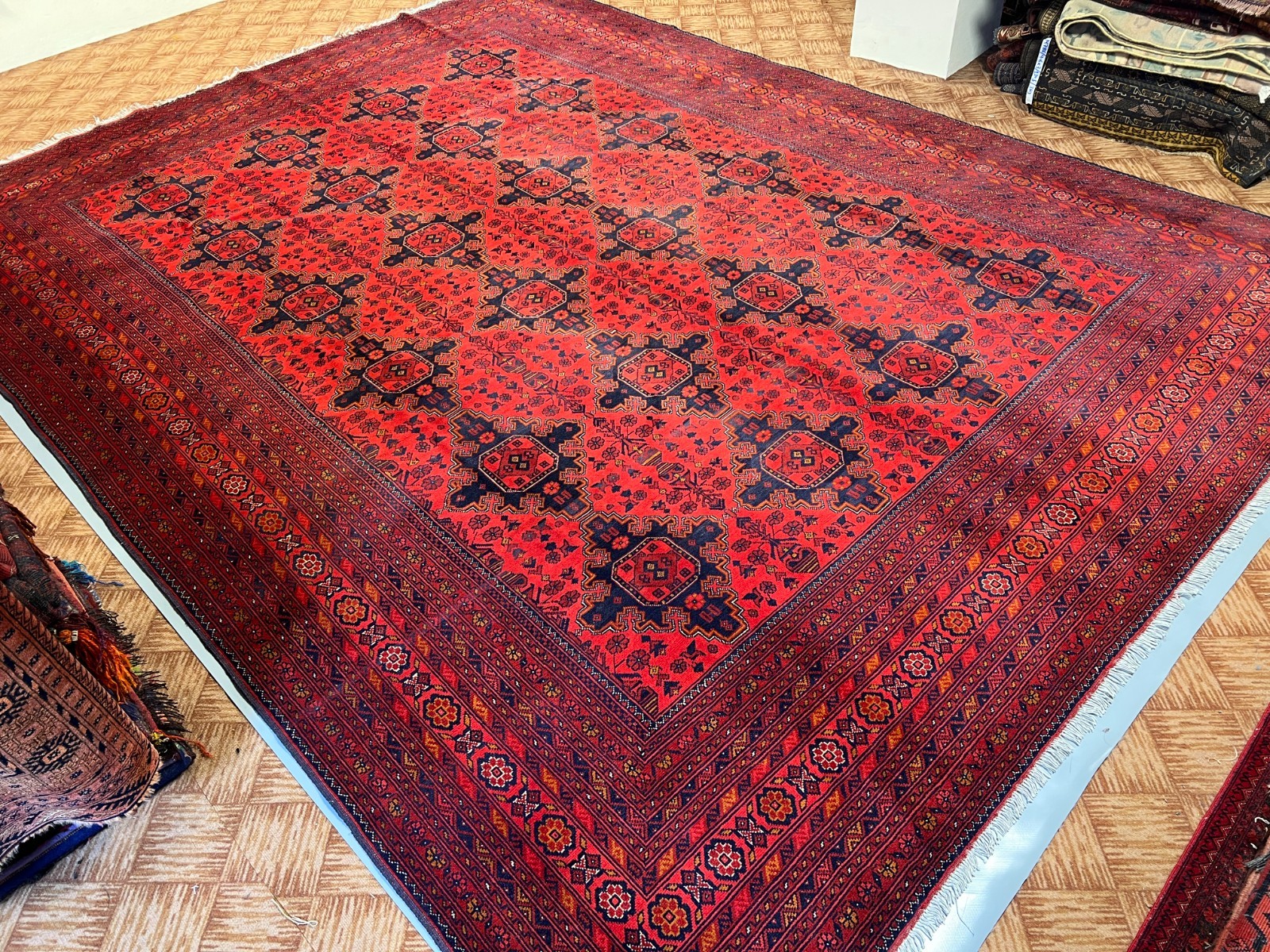 9’11 x 13’3 Ft Striking Afghan Tribal Hand Knotted Wool Rug Red Navy Geometric