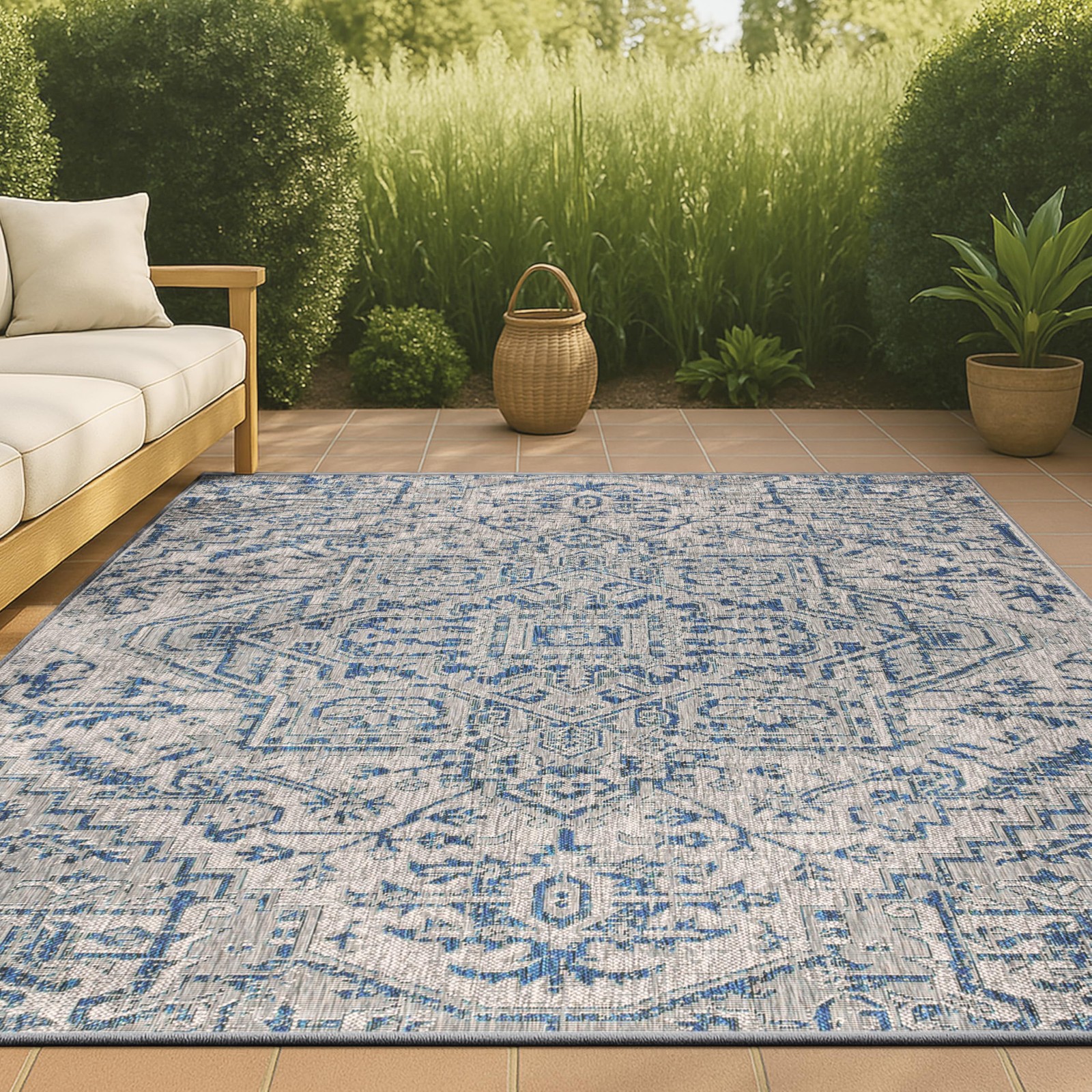Navy Gray Indoor Outdoor Rectangular Rug 7×9 Stain Resistant Pet Friendly
