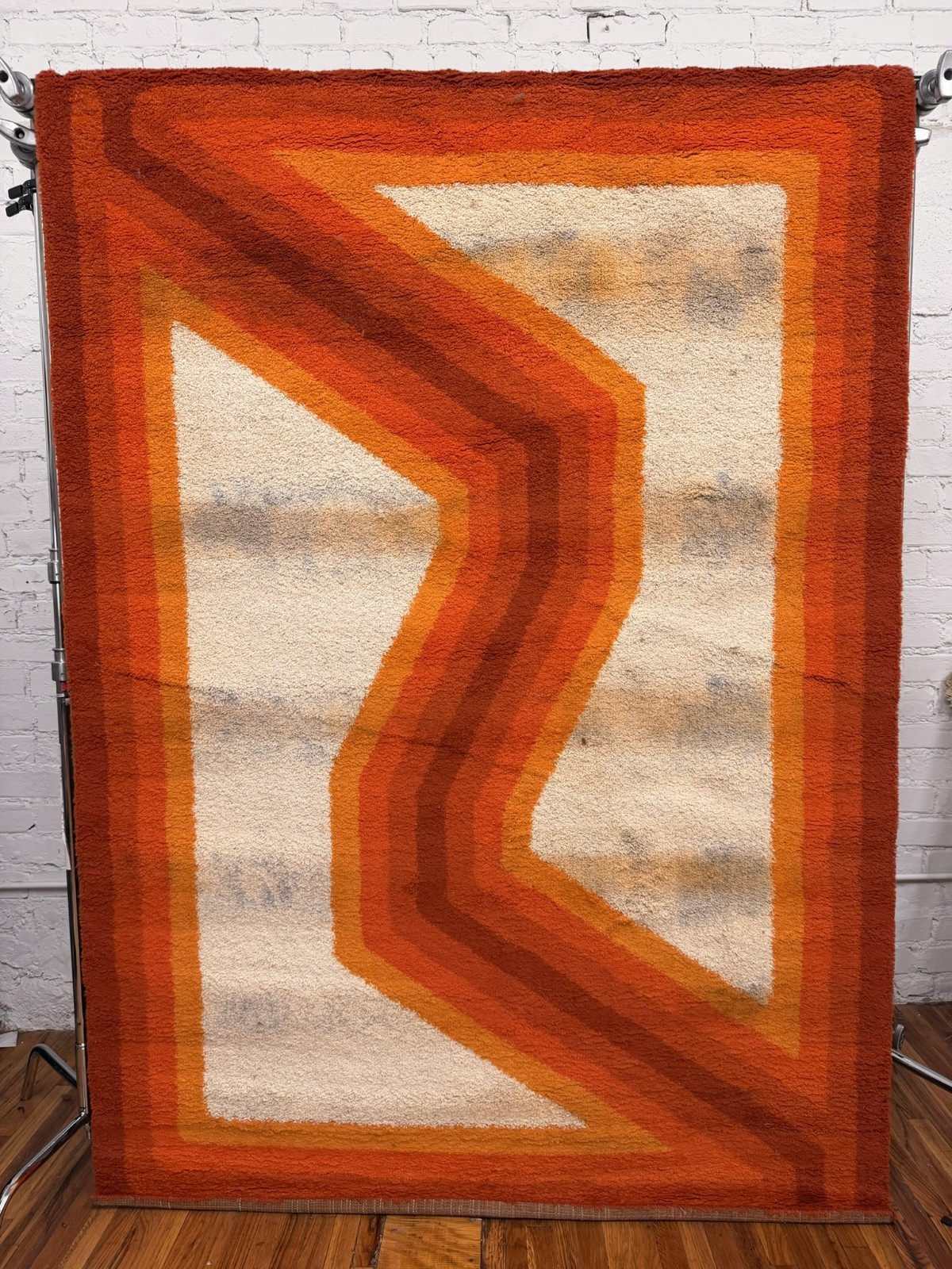 70s Wilton Orange Line Border Geometric Pattern UNUSED Rya Rug MCM Wool