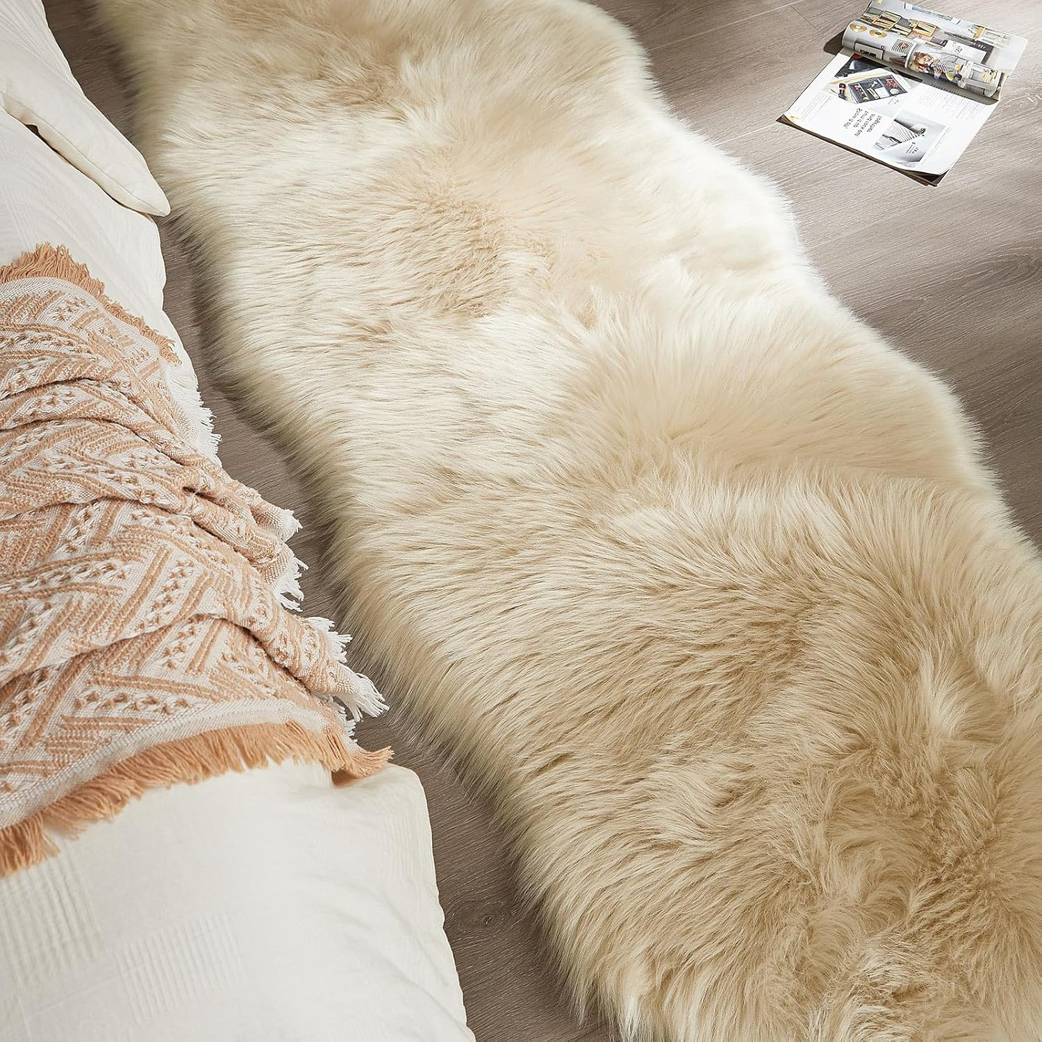 Faux Sheepskin Rug, Beige Ultra Soft Fluffy Shag Area Rug, 2 X 6 Ft Faux Fur Rug