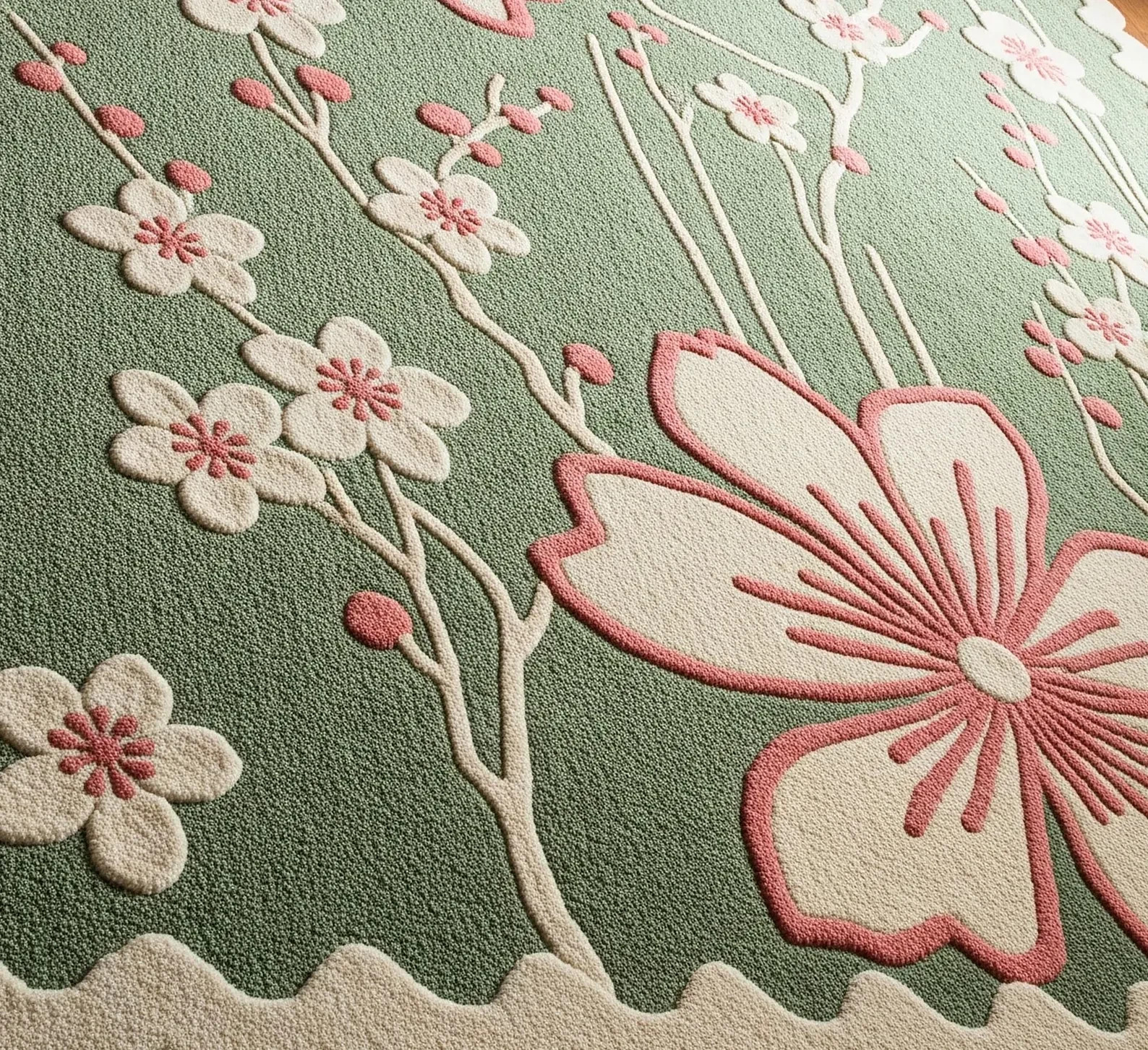 Sage Green Hand Tufted Wool Rug, Traditional Cream Blush Pink Floral Scalloped A