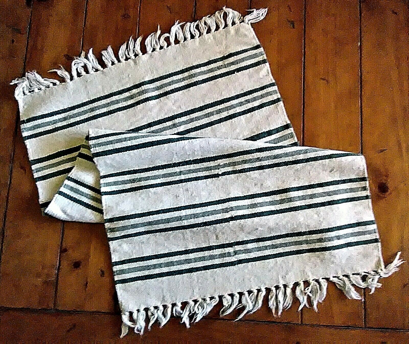 Handwoven Light-weight Cotton Fringed SAGE & GREEN Striped AREA RUG ~ 36×21~ New