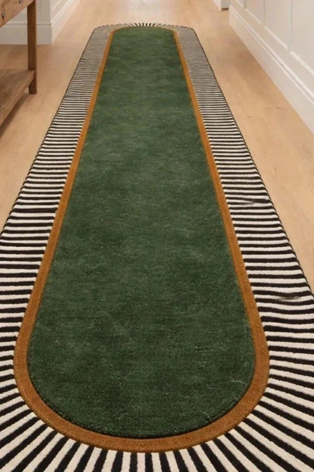 Hand Tufted Green Wool Runner Rug – Black & Ivory Striped Border Hallway Runner