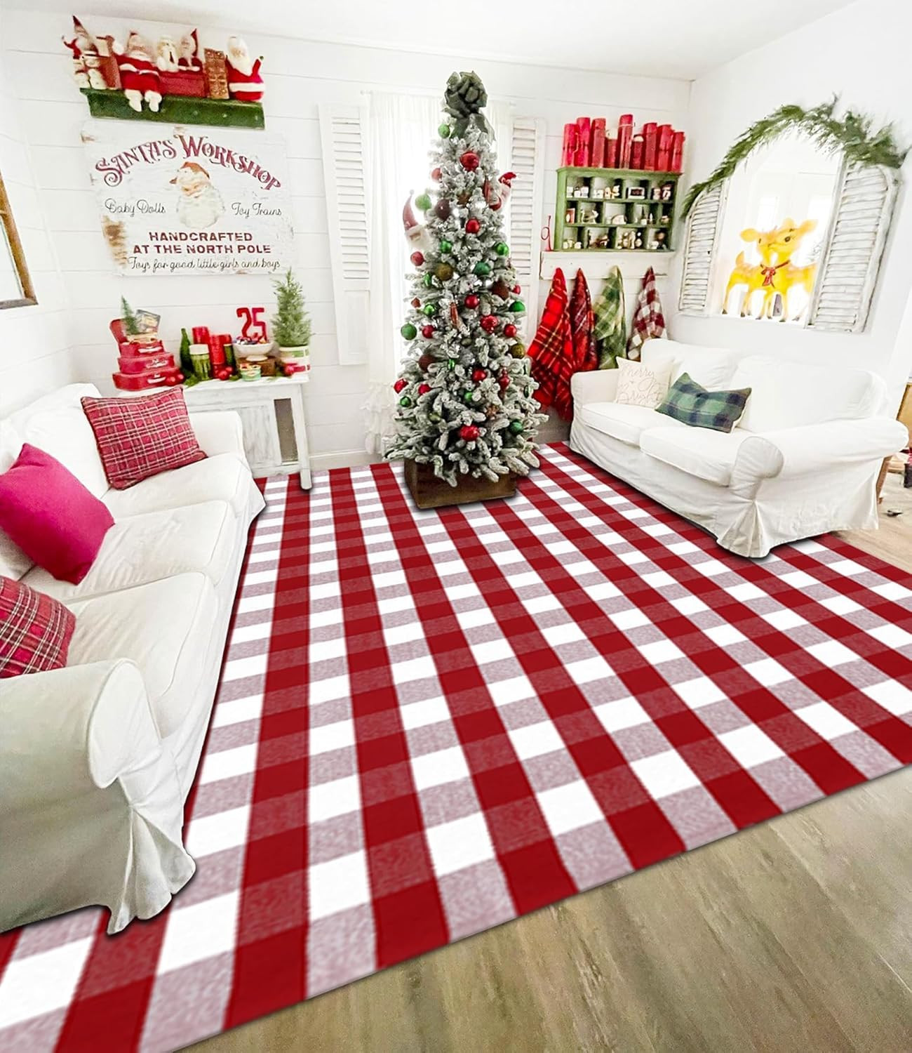 Red & White Plaid 8′ x 10′ Washable Christmas Outdoor Rug