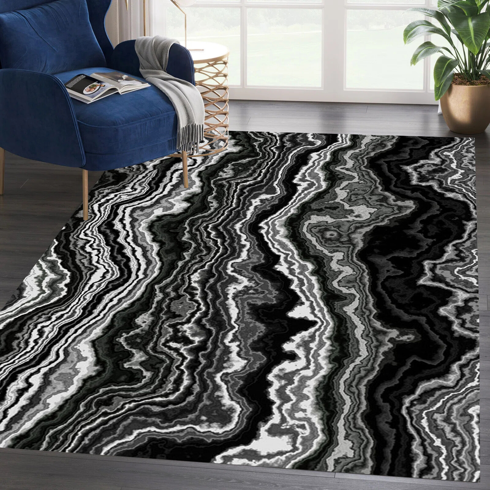 Abstract Marble Collection Area Rug Black Brown Modern Luxury Texture Rugs